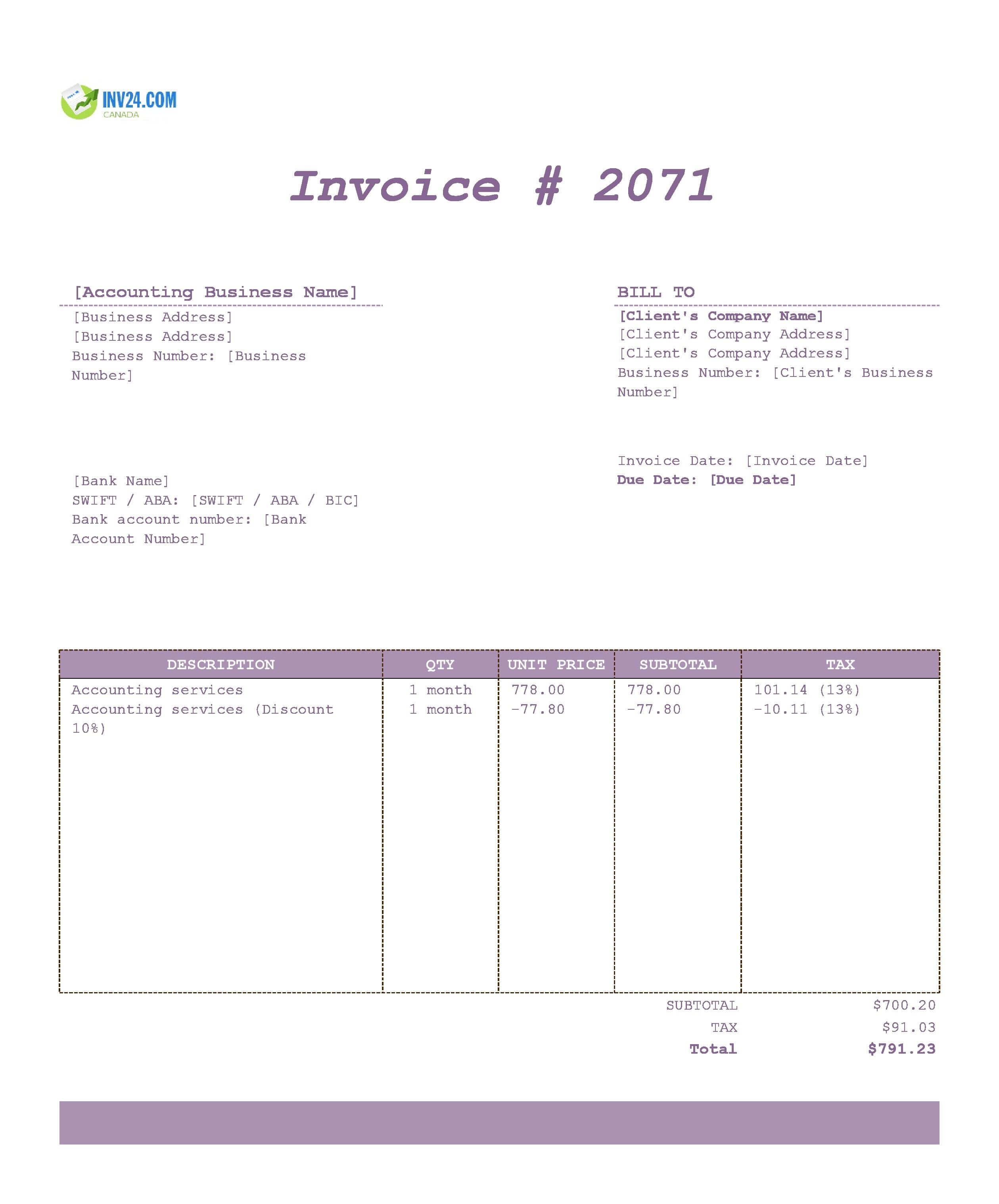 Accounting Invoice Template for Canada (Excel / Google Sheets)