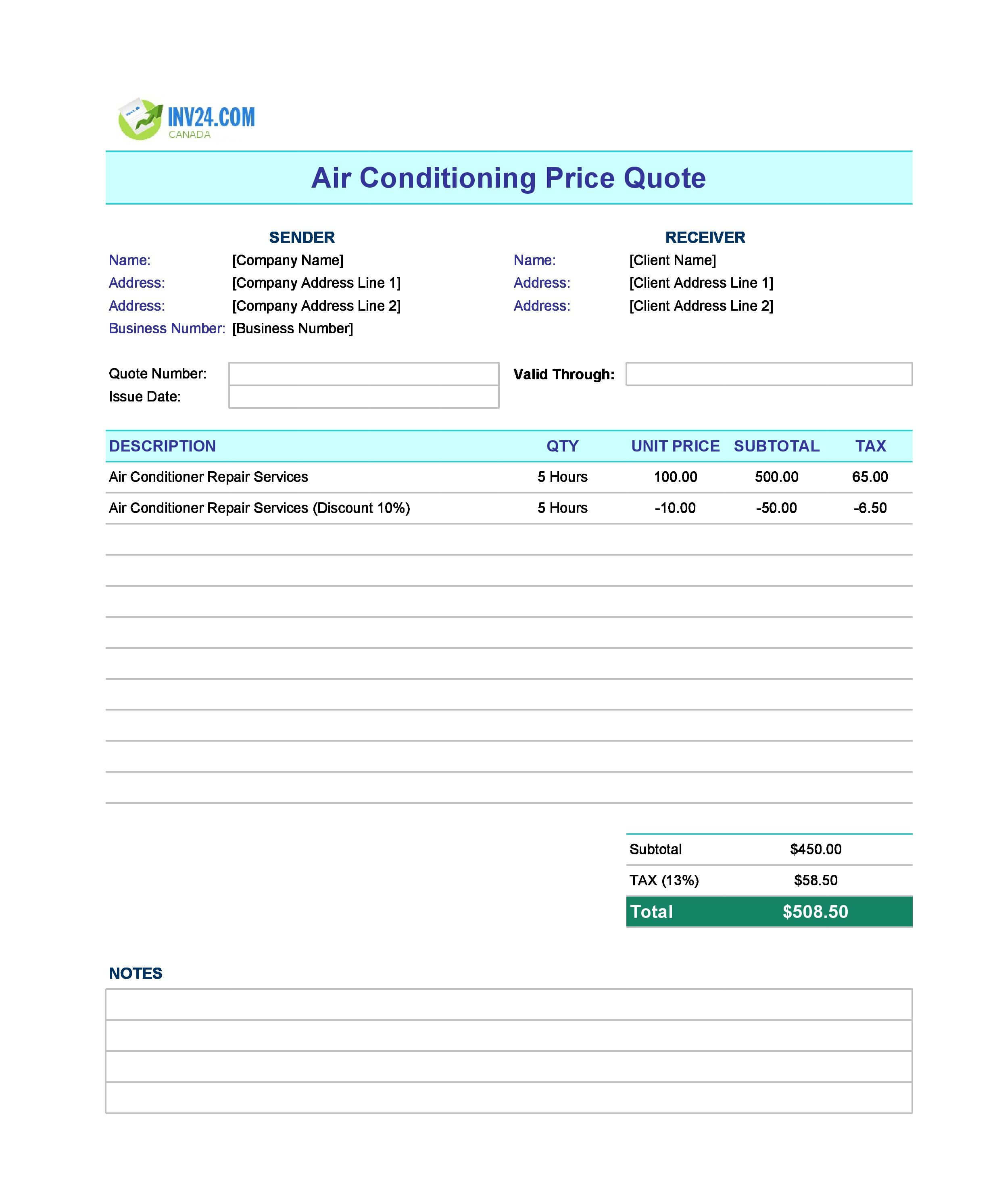 Air Conditioning Quote Template for Canada (Excel / Google Sheets)