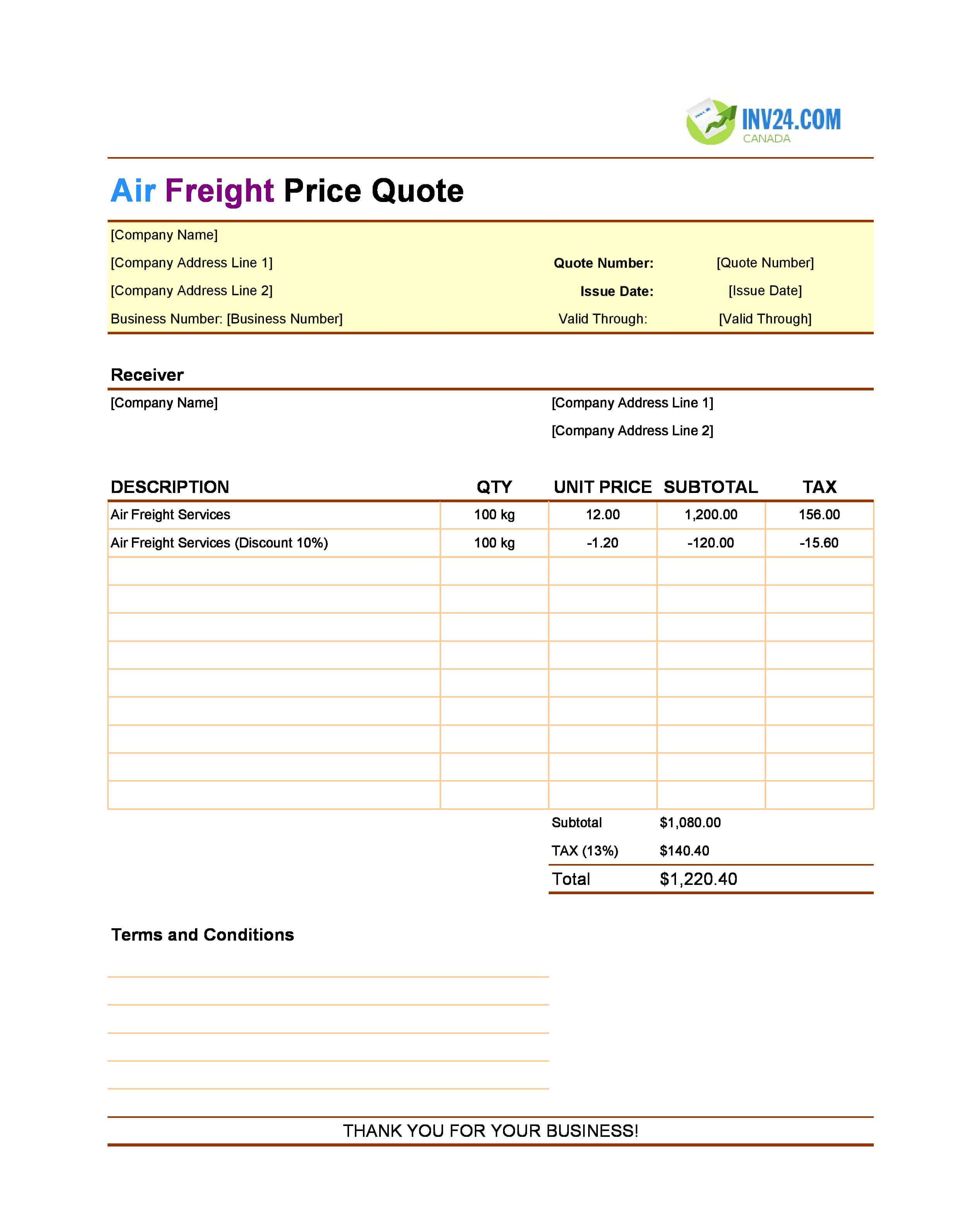 Air Freight Quote Template for Canada (Excel / Google Sheets)