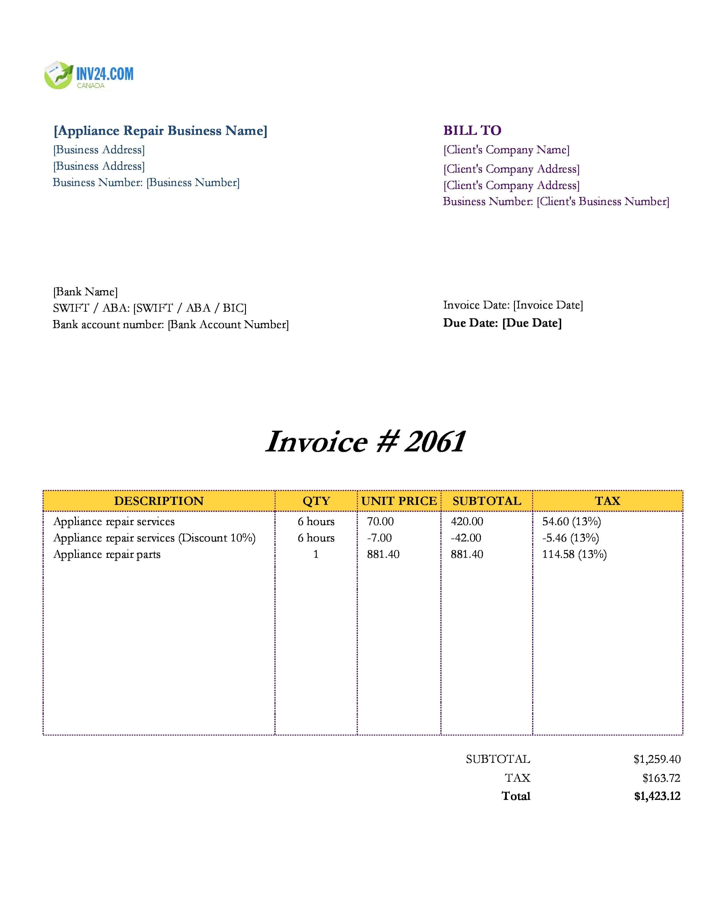 Appliance Repair Invoice Template for Canada (Excel / Google Sheets)