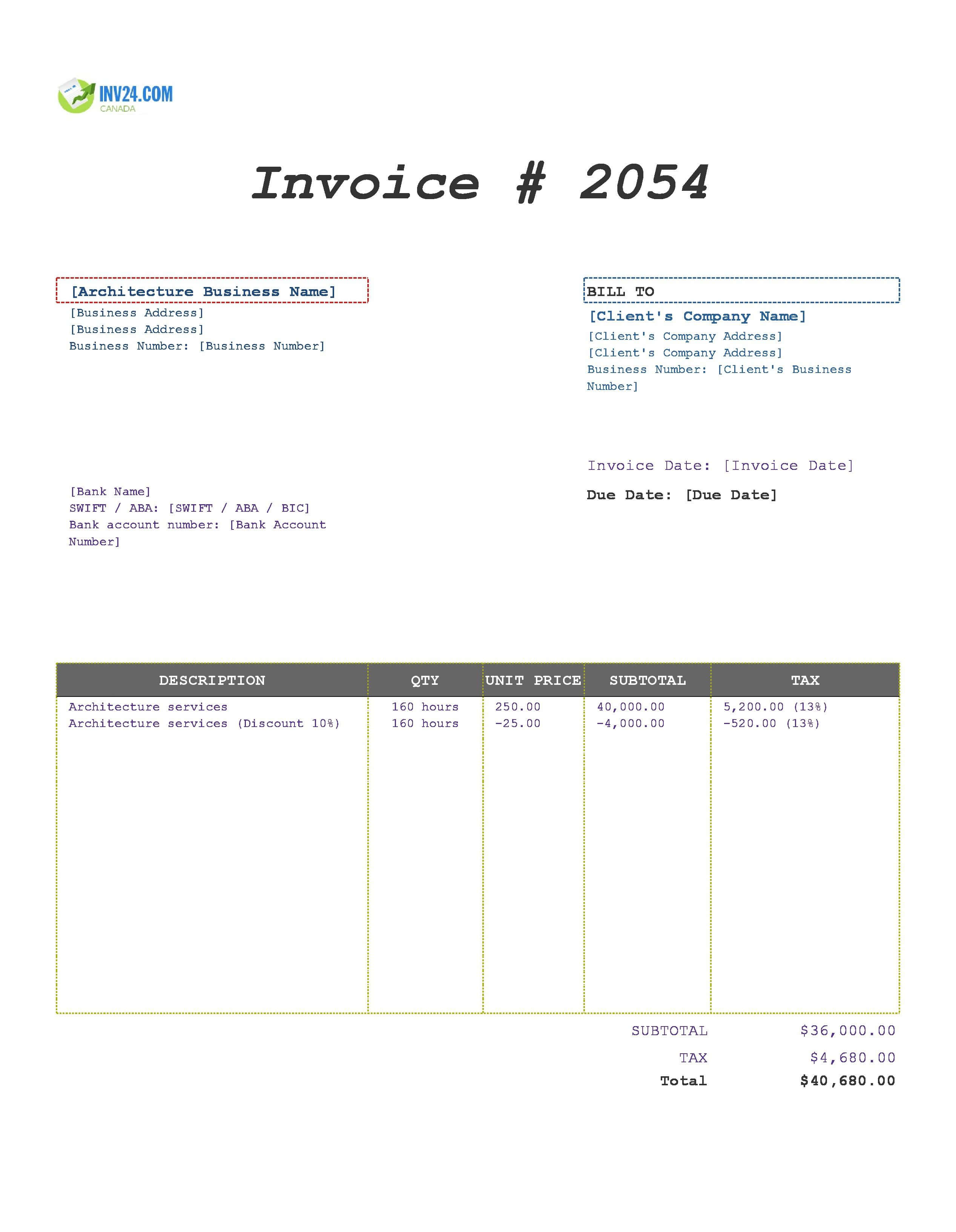 Architecture Invoice Template for Canada (Excel / Google Sheets)