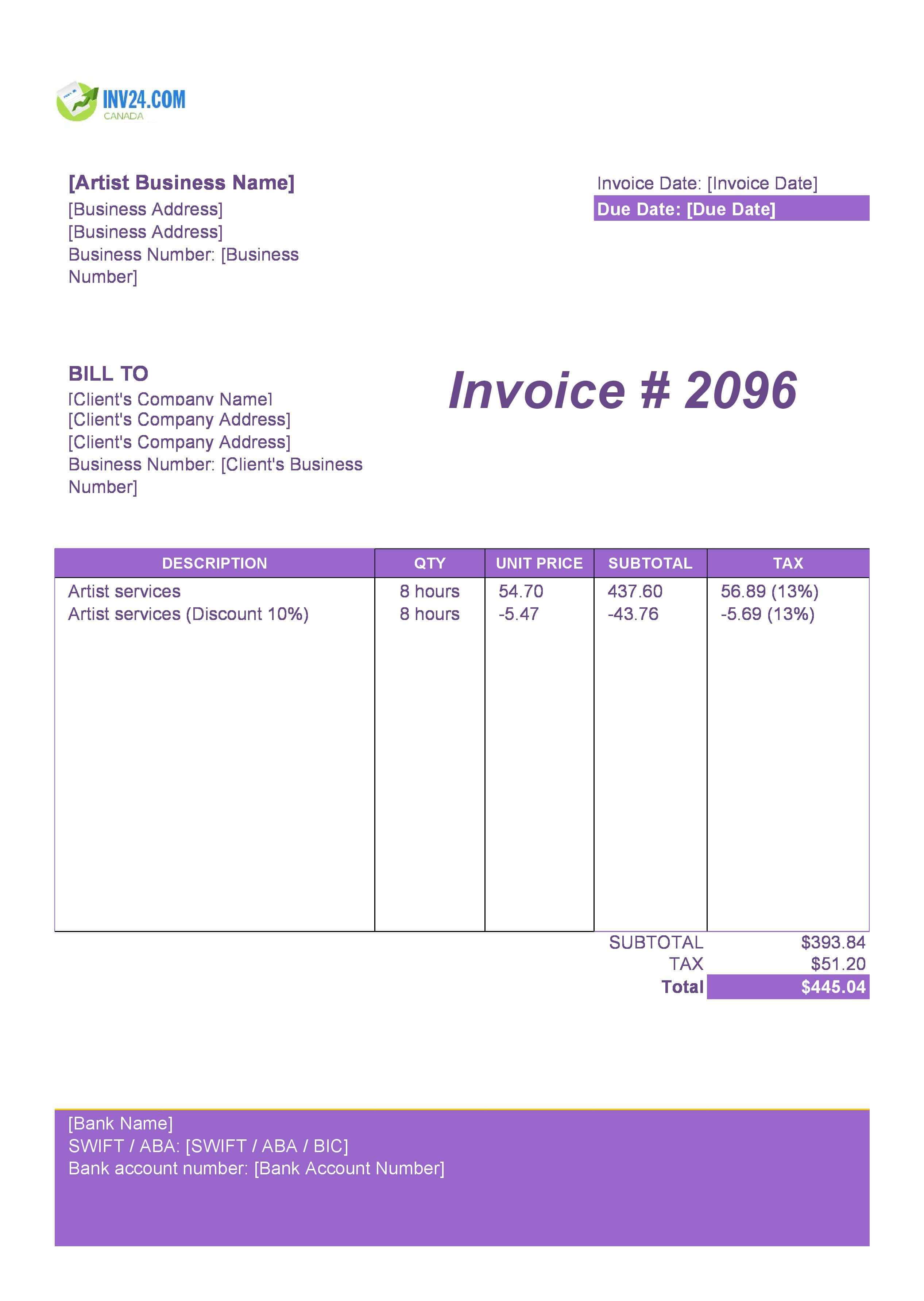 Artist Invoice Template for Canada (Excel / Google Sheets)