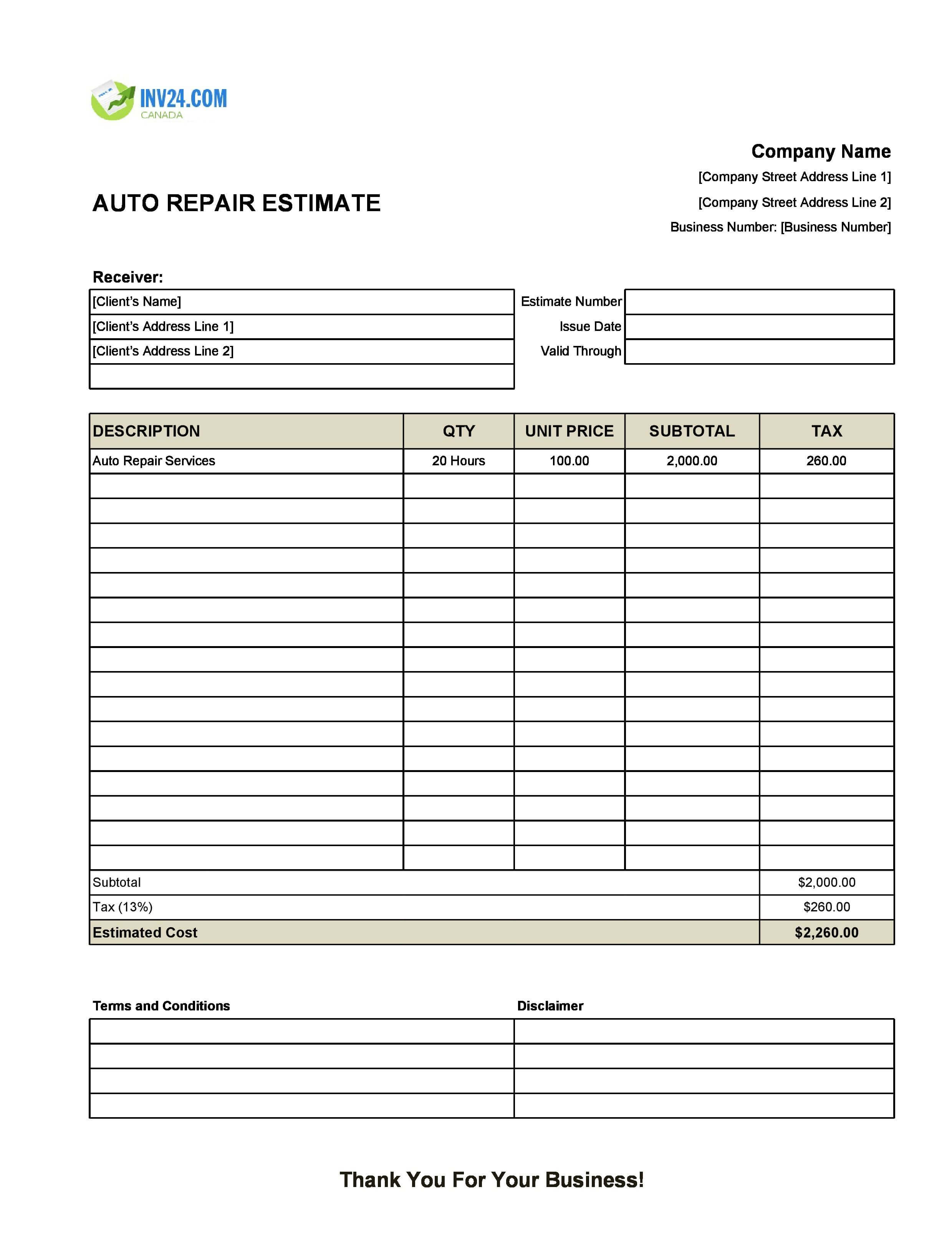 Auto Repair Estimate Template for Canada (Excel / Google Sheets)