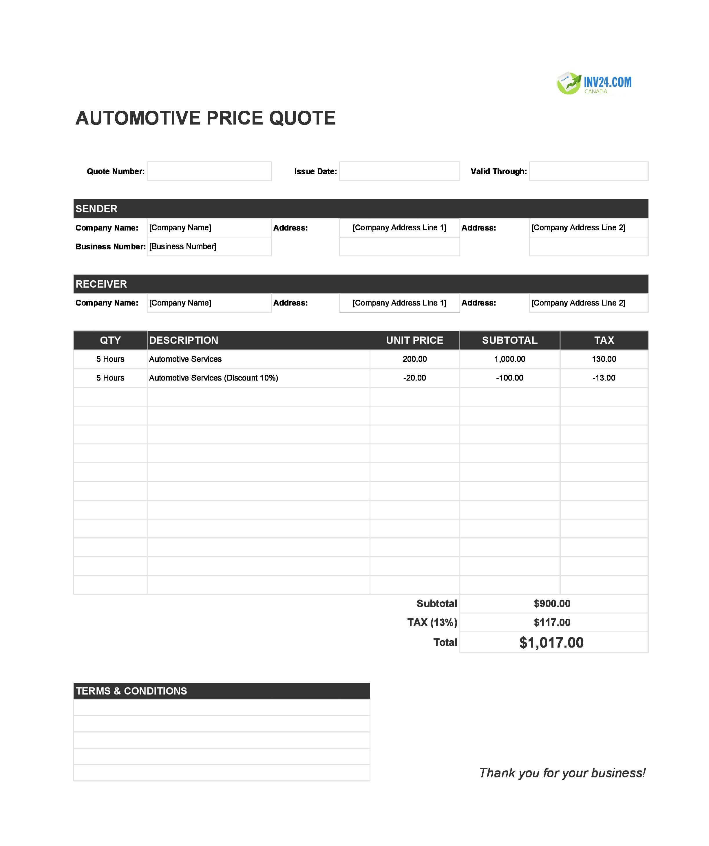 Automotive Quote Template for Canada (Excel / Google Sheets)