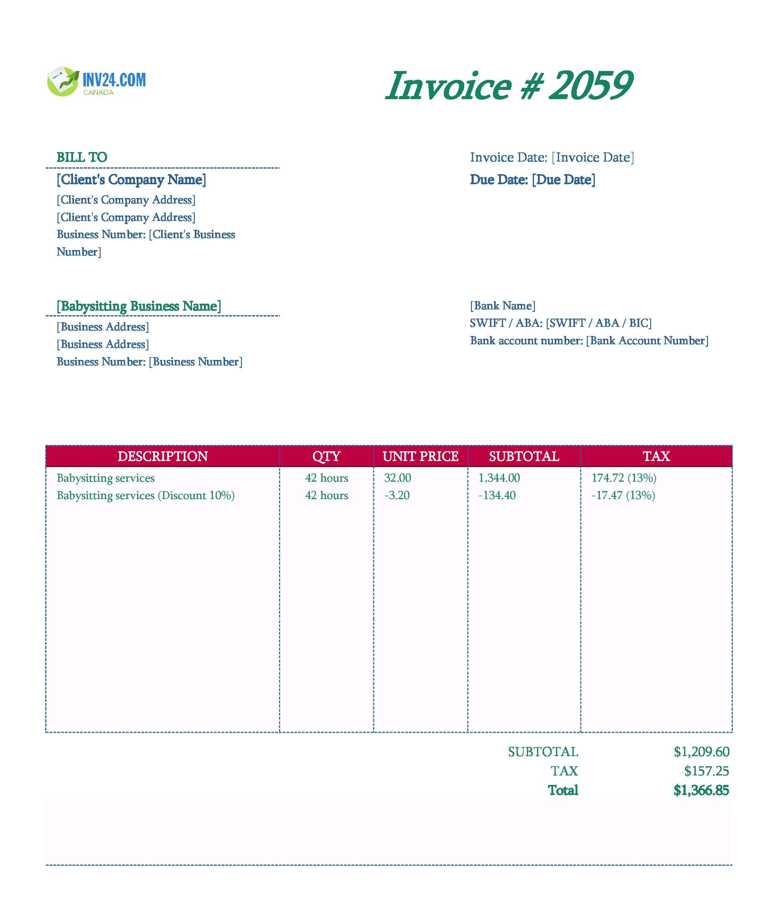 Babysitting Invoice Template for Canada (Excel / Google Sheets)