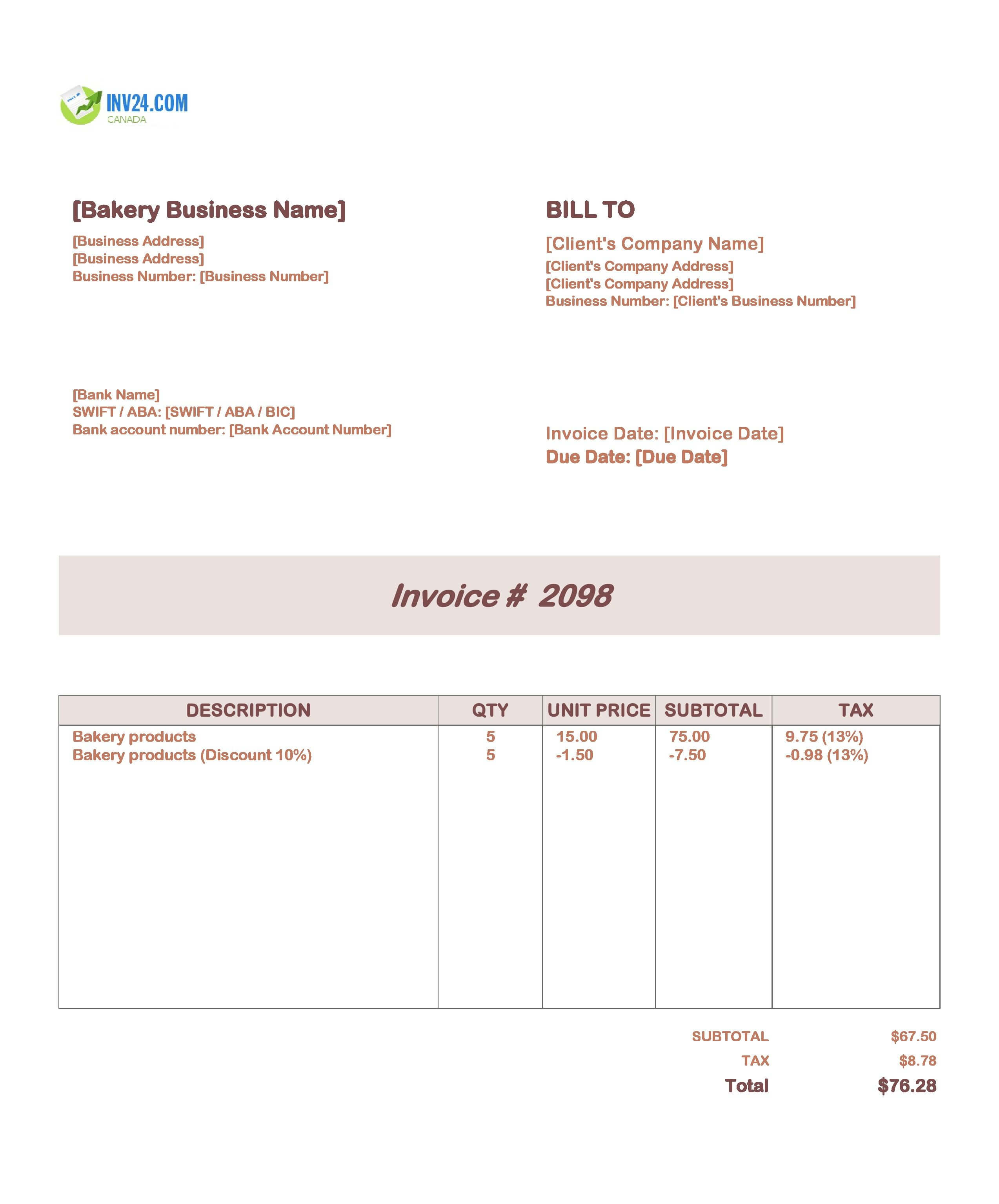 Bakery Invoice Template for Canada (Excel / Google Sheets)