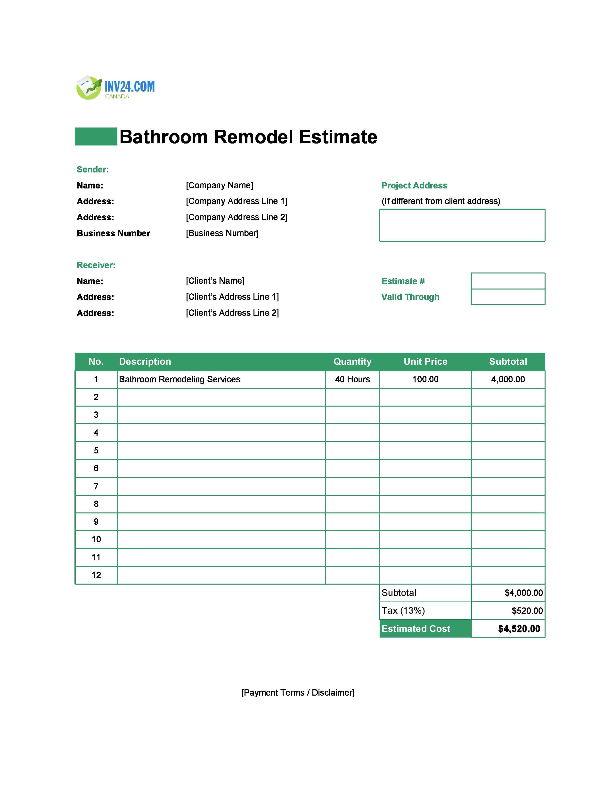 Bathroom Remodel Estimate Template for Canada (Excel / Google Sheets)