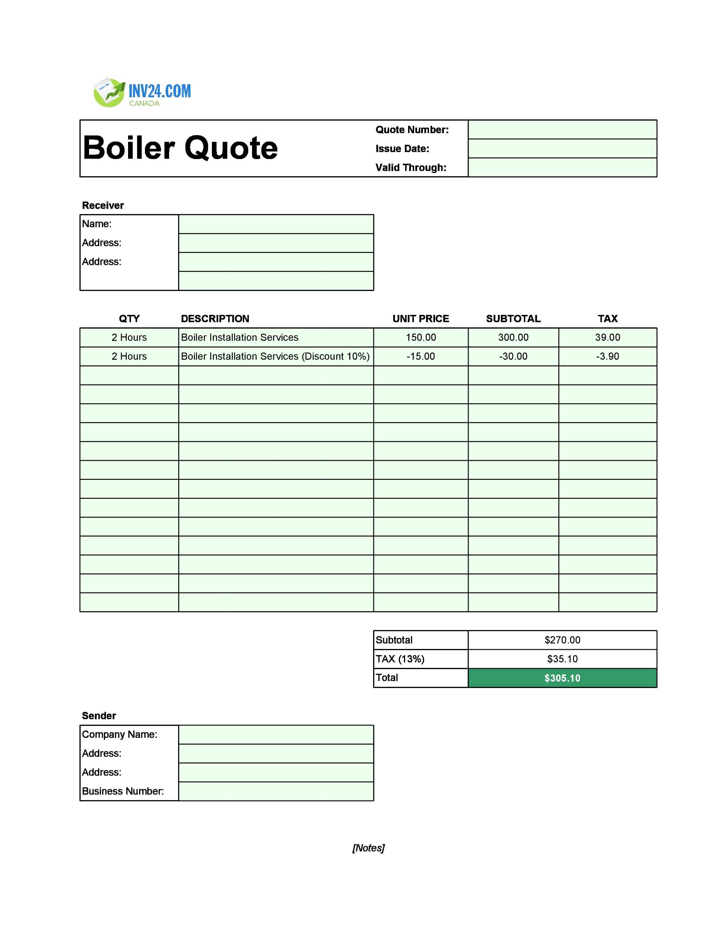 Boiler Quote Template for Canada (Excel / Google Sheets)