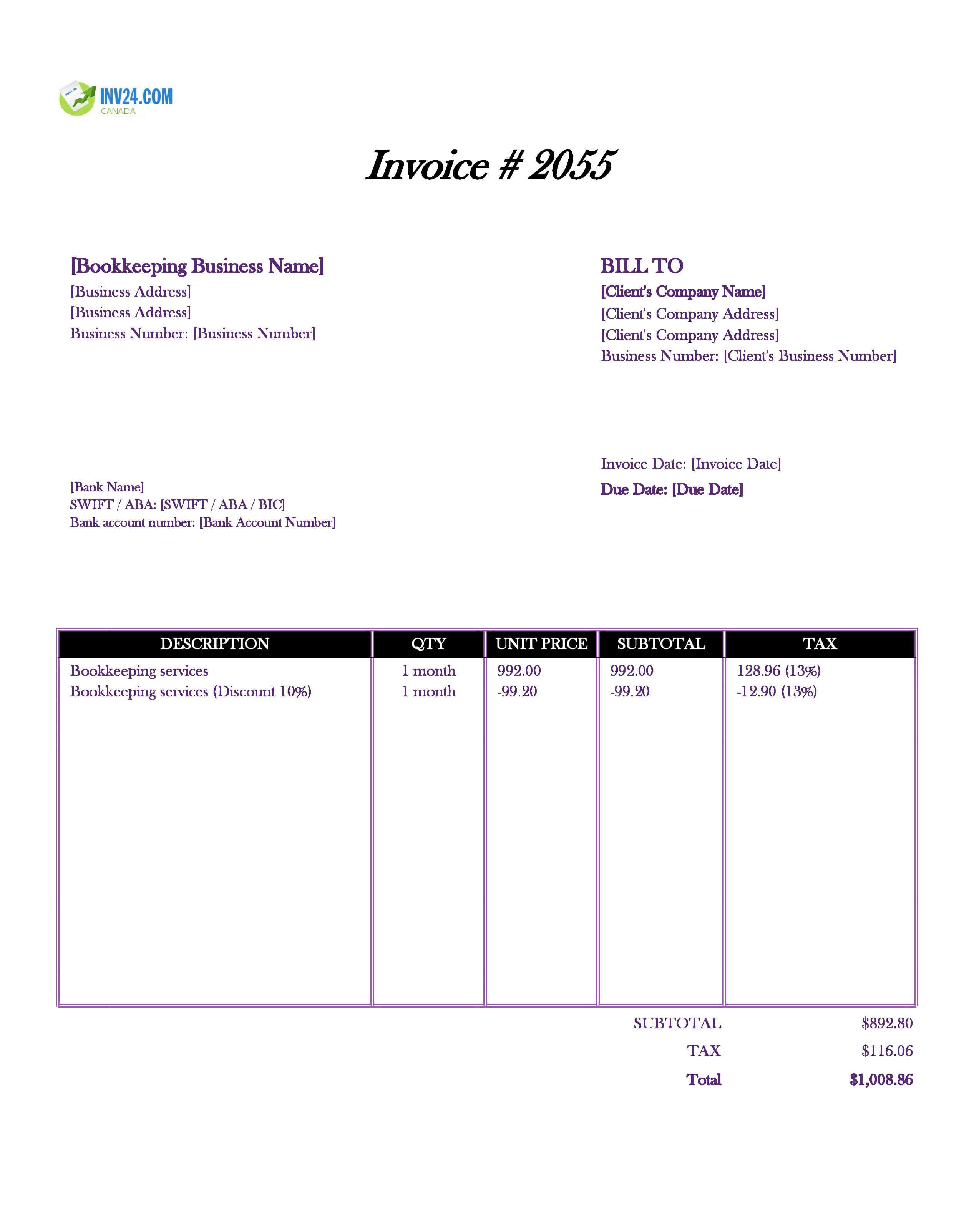 Bookkeeping Invoice Template for Canada (Excel / Google Sheets)