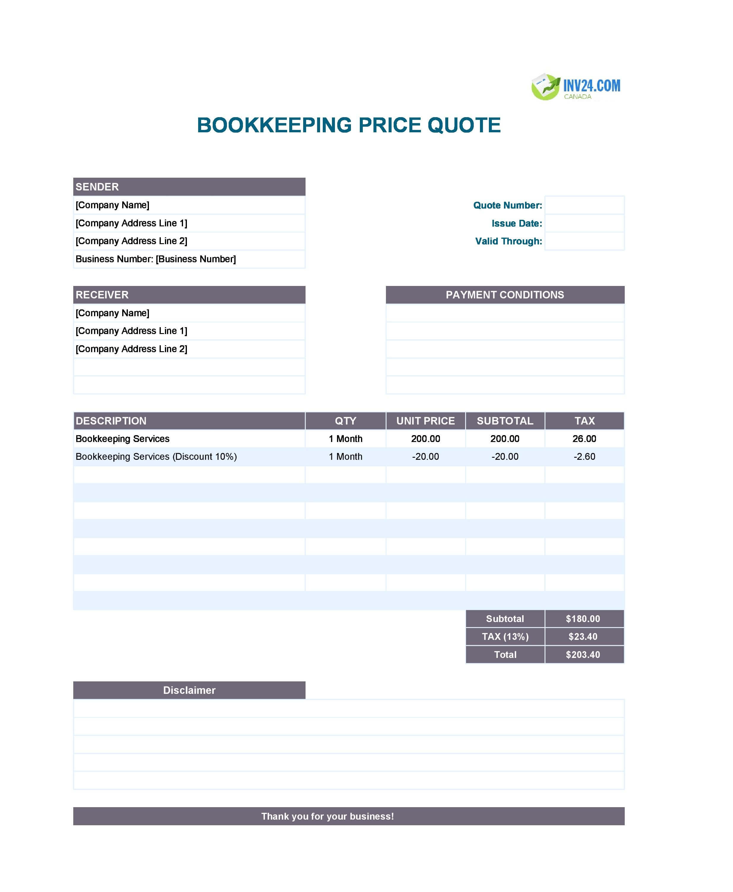 Bookkeeping Quote Template for Canada (Excel / Google Sheets)