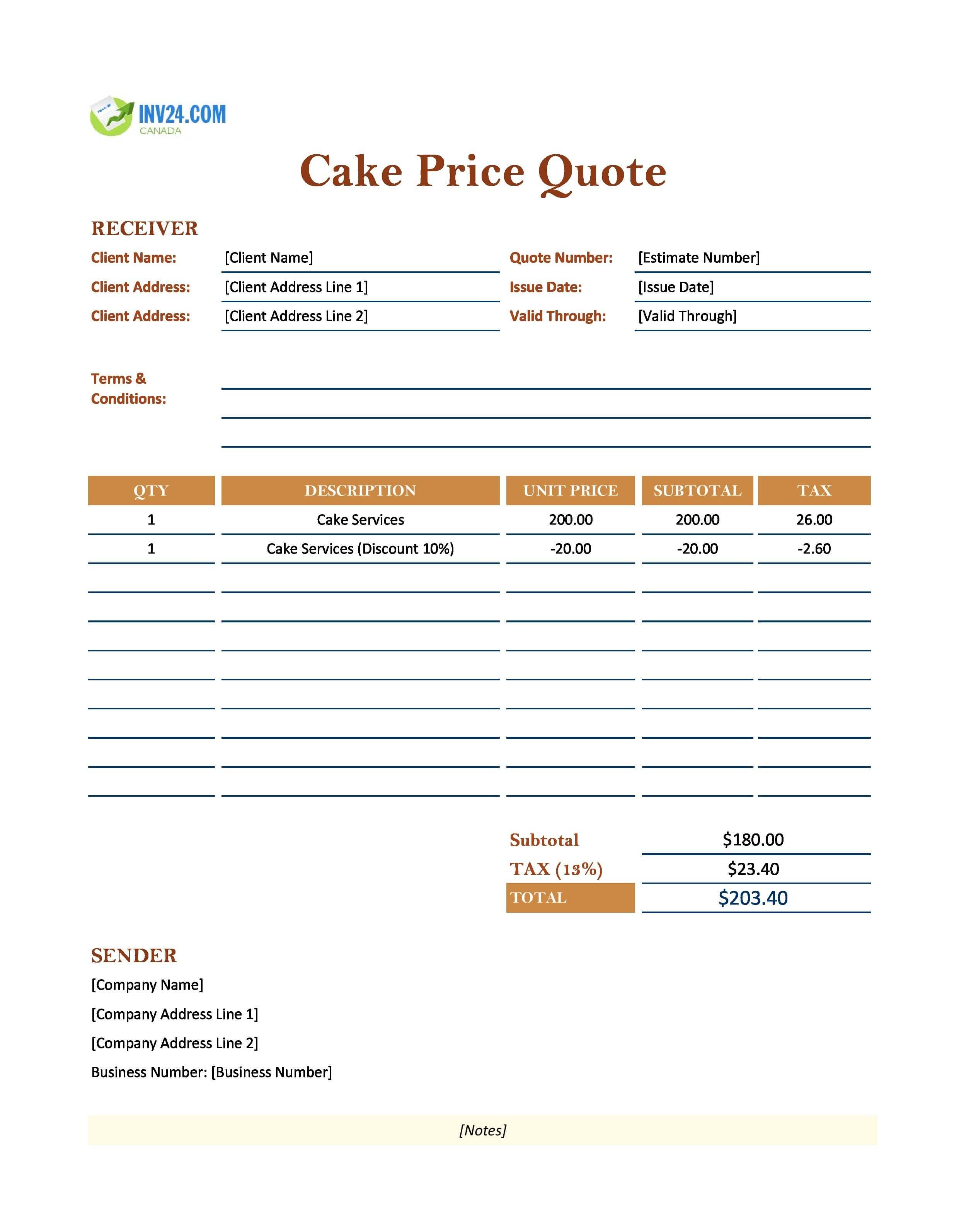 Cake Quote Template for Canada (Excel / Google Sheets)