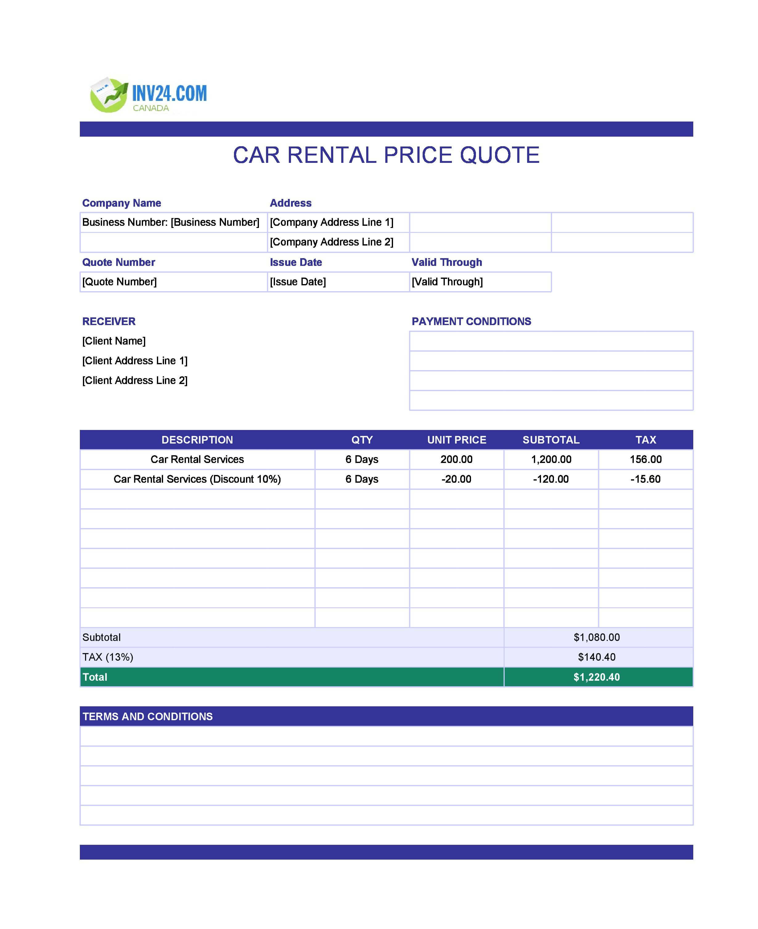 Car Rental Quote Template for Canada (Excel / Google Sheets)