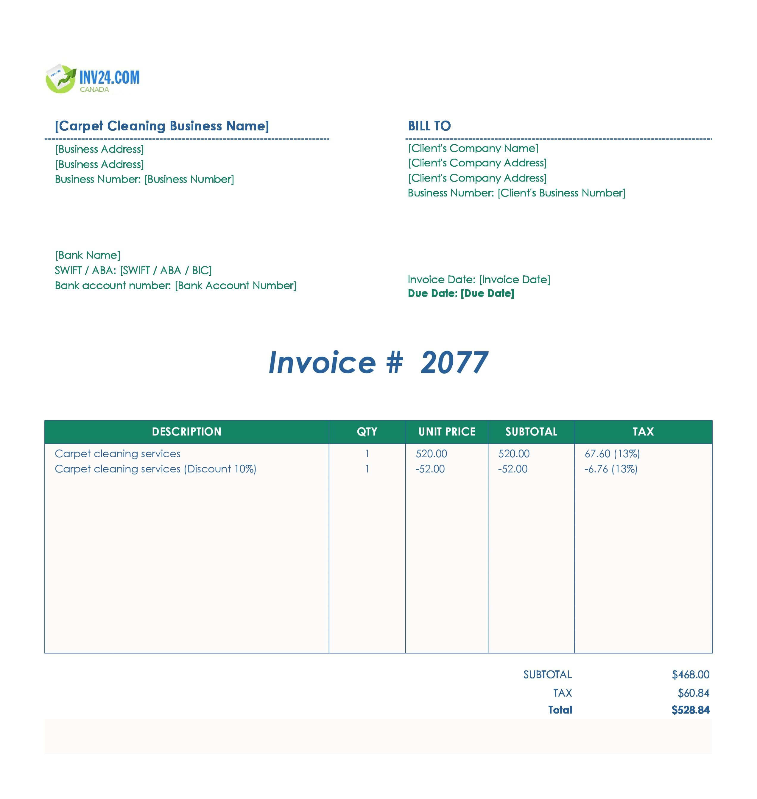 Carpet Cleaning Invoice Template for Canada (Excel / Google Sheets)