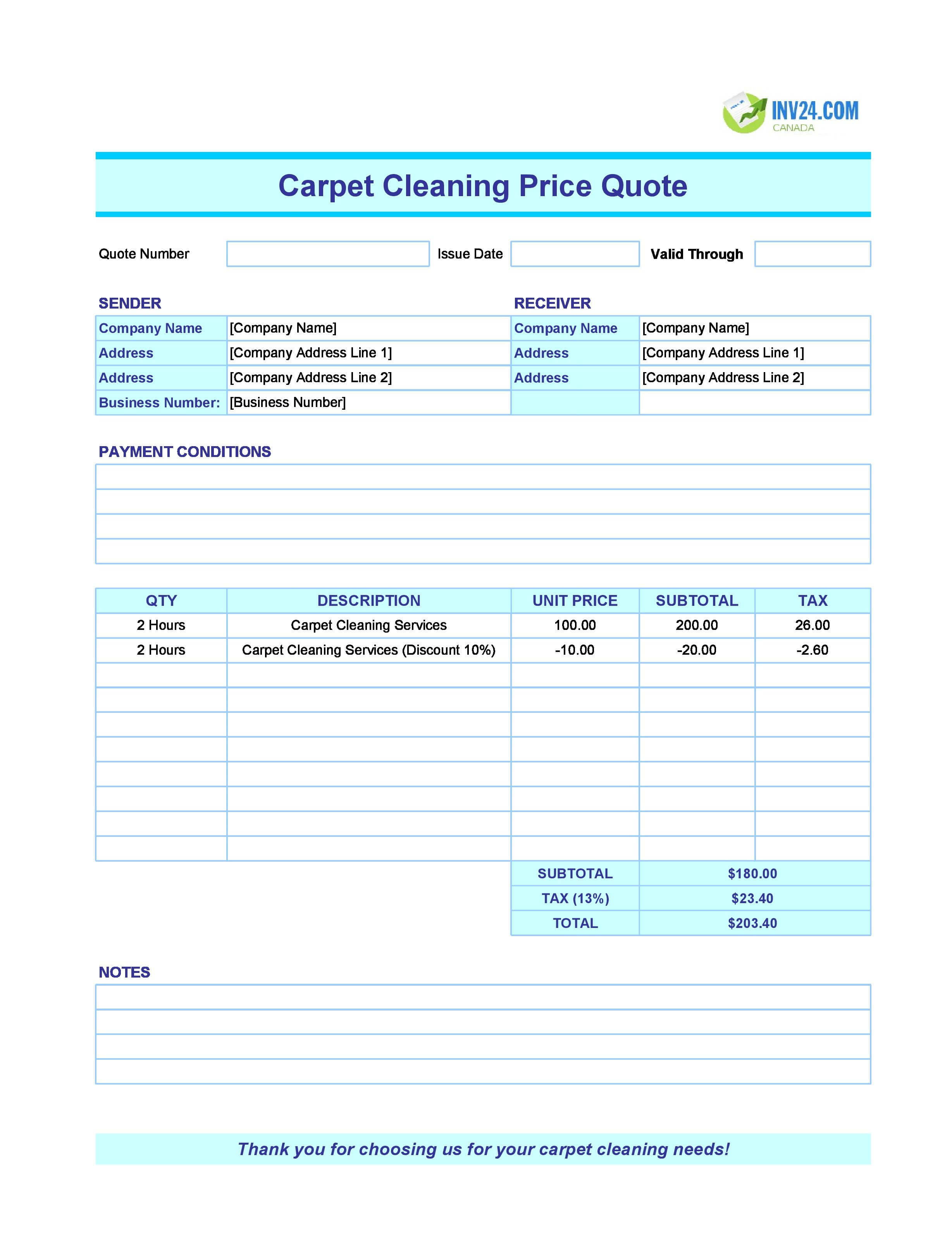 Carpet Cleaning Quote Template for Canada (Excel / Google Sheets)