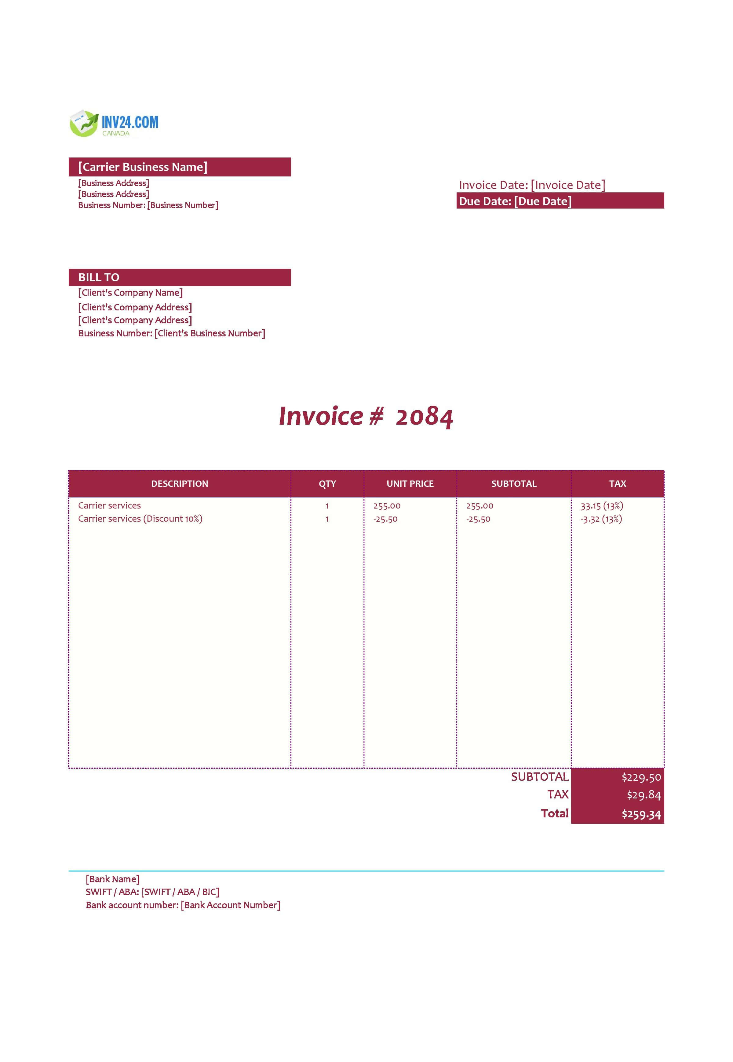 Carrier Invoice Template for Canada (Excel / Google Sheets)