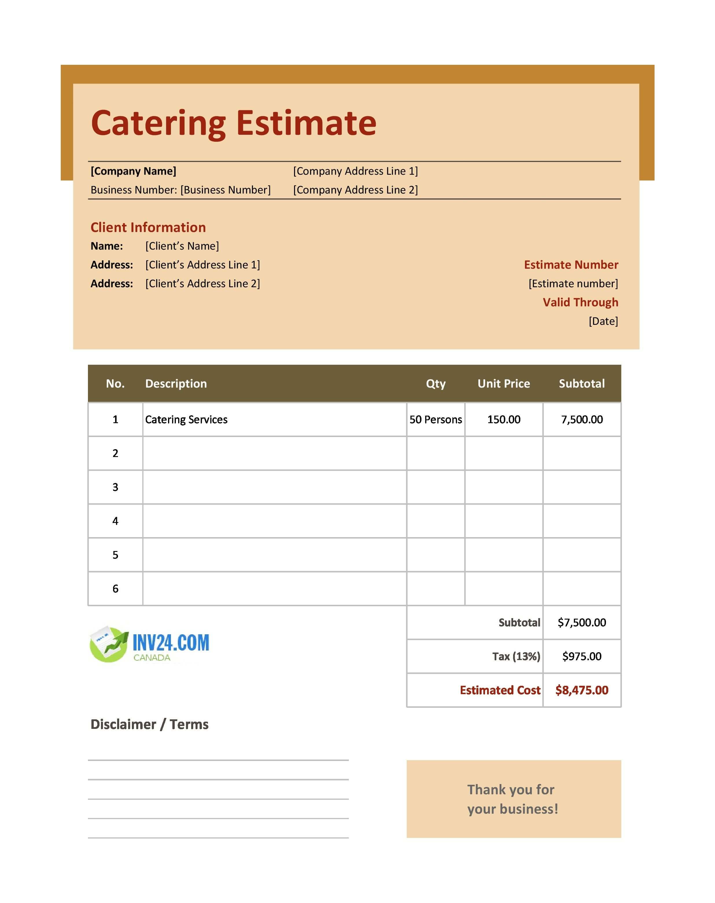 Catering Estimate Template for Canada (Excel / Google Sheets)