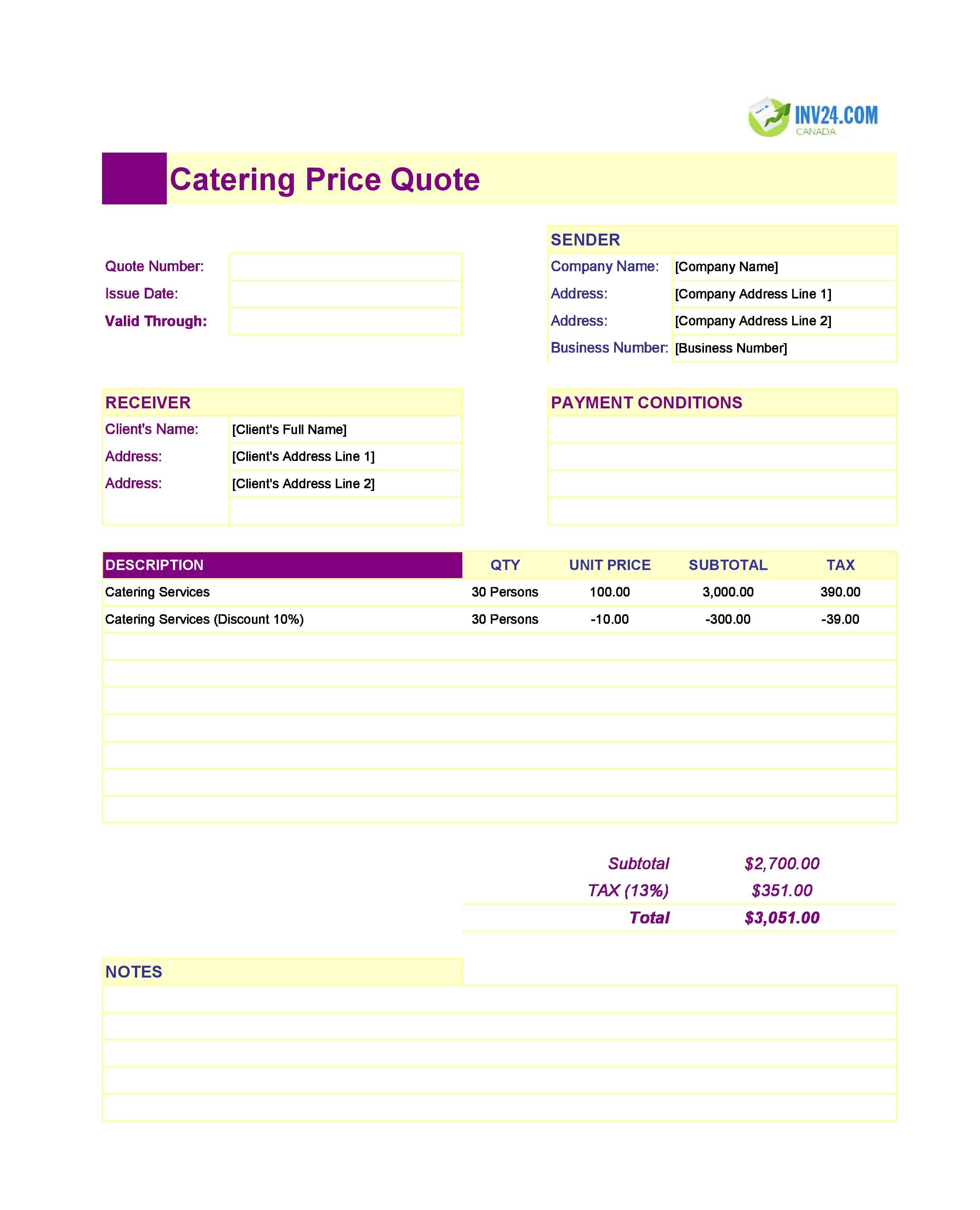Catering Quote Template for Canada (Excel / Google Sheets)
