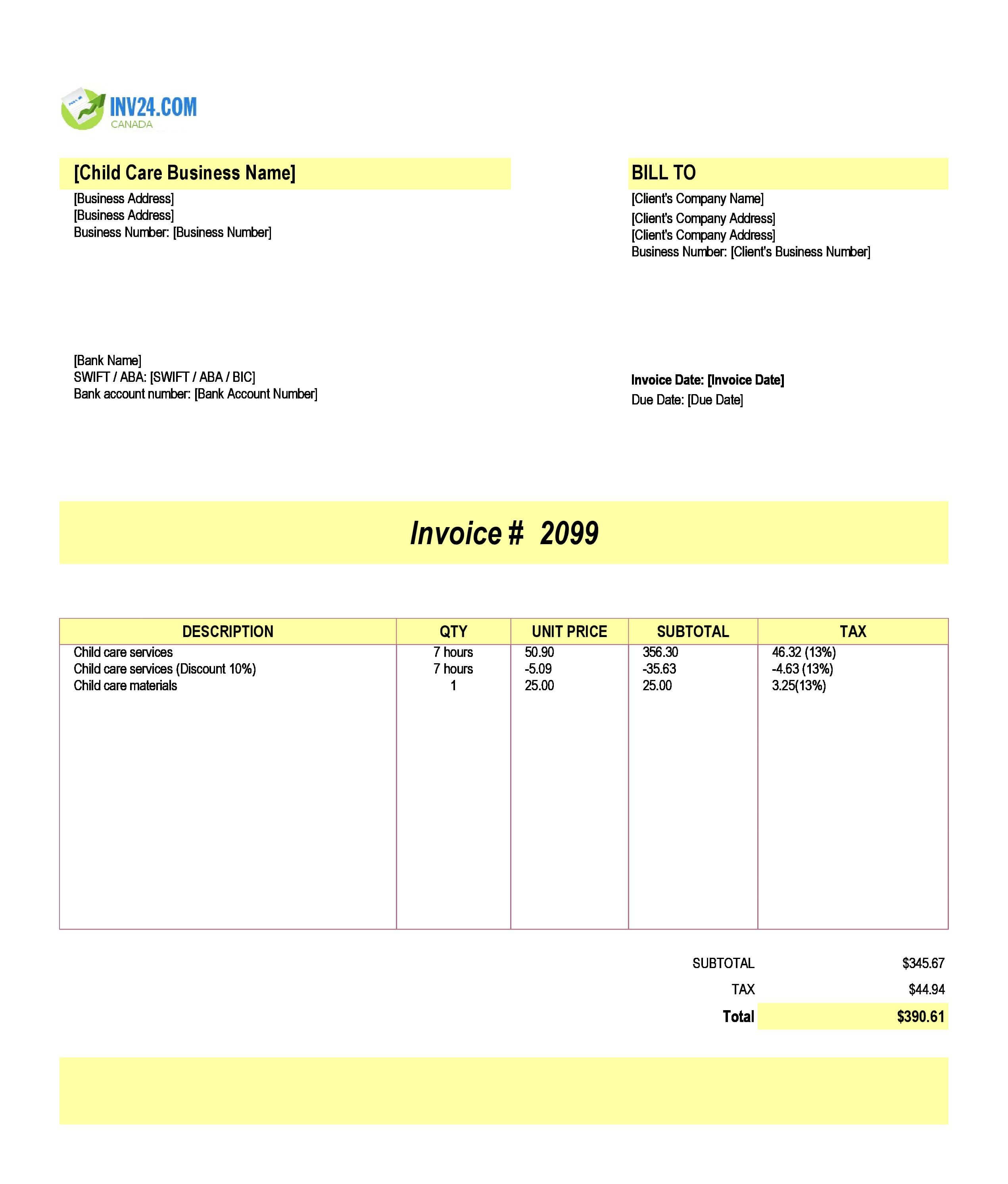 Child Care Invoice Template for Canada (Excel / Google Sheets)