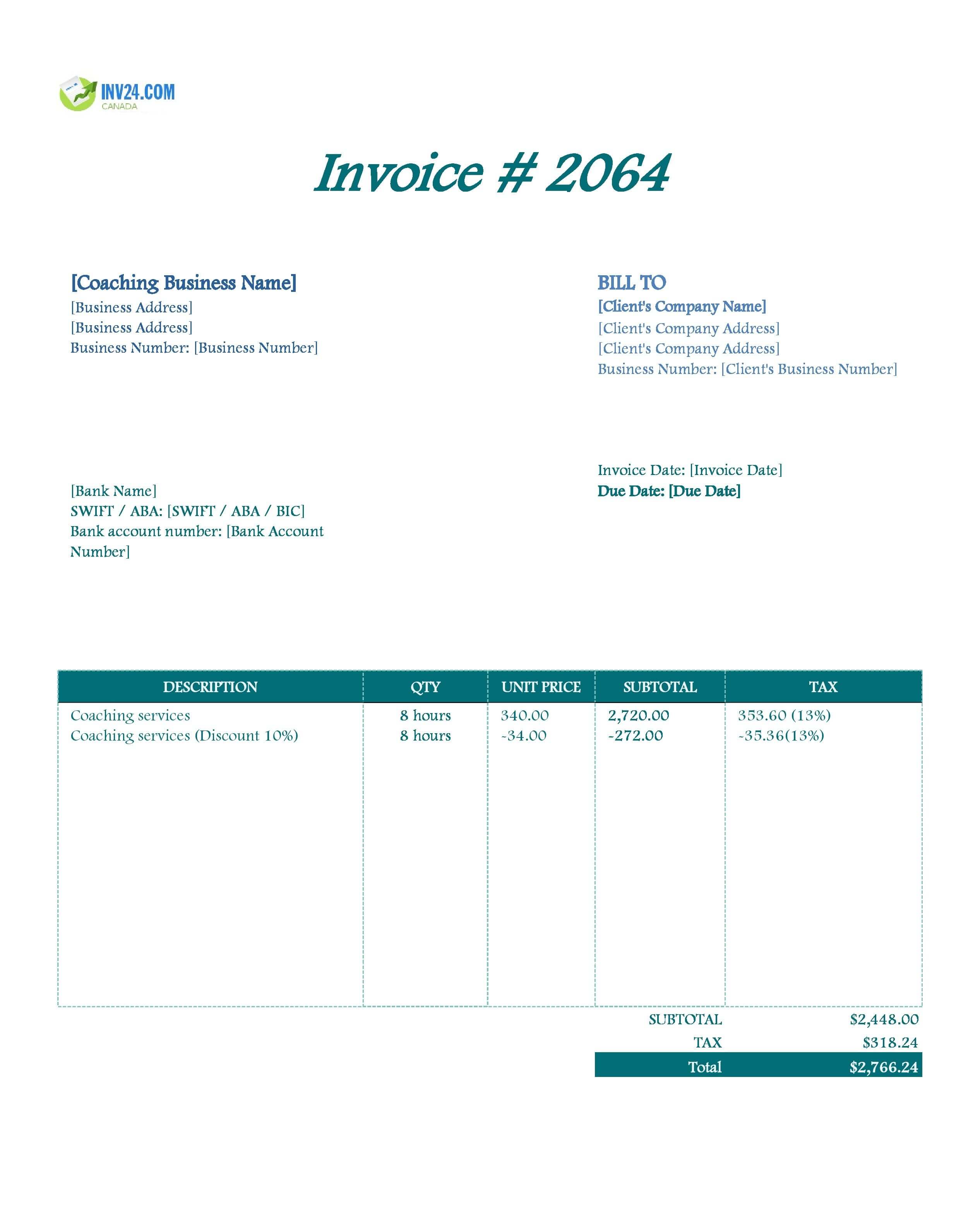 Coaching Invoice Template for Canada (Excel / Google Sheets)