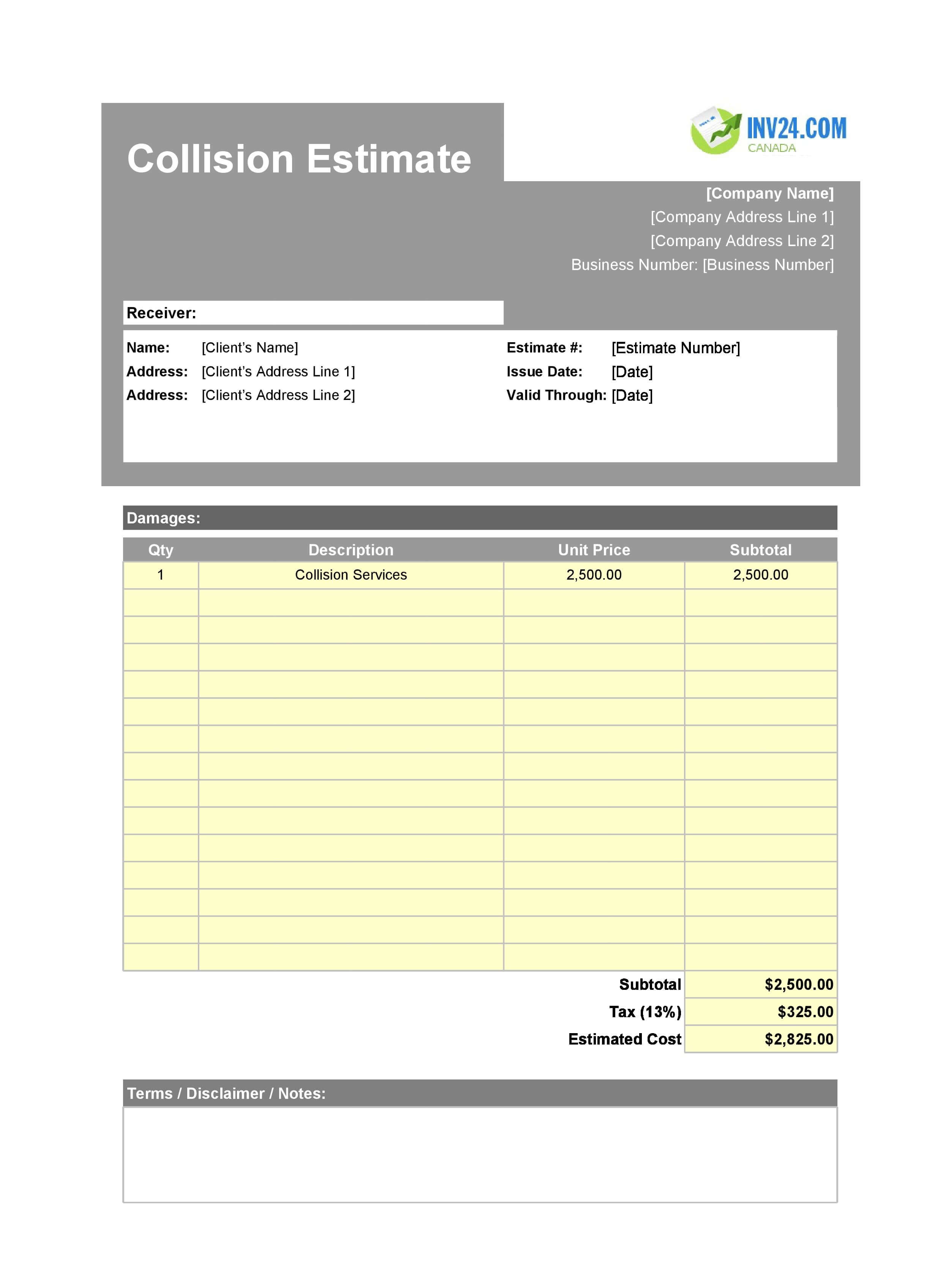 Collision Estimate Template for Canada (Excel / Google Sheets)