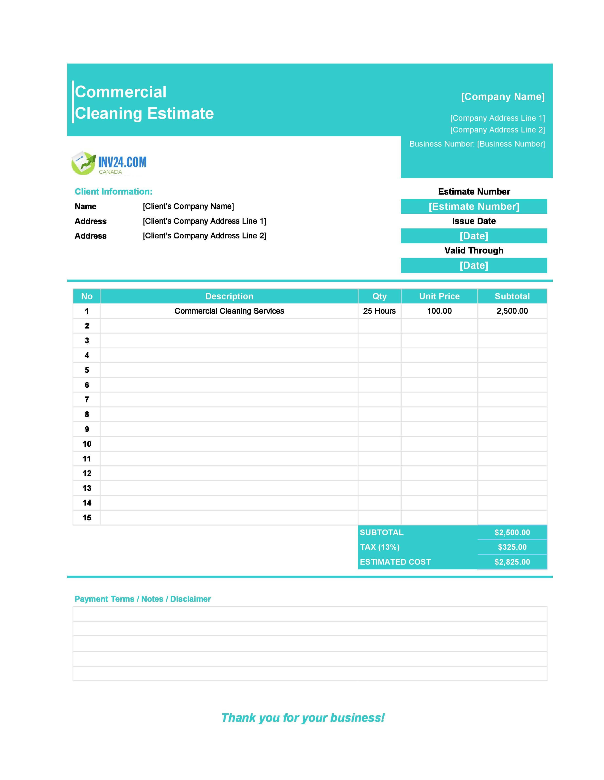 Commercial Cleaning Estimate Template for Canada (Excel / Google Sheets)