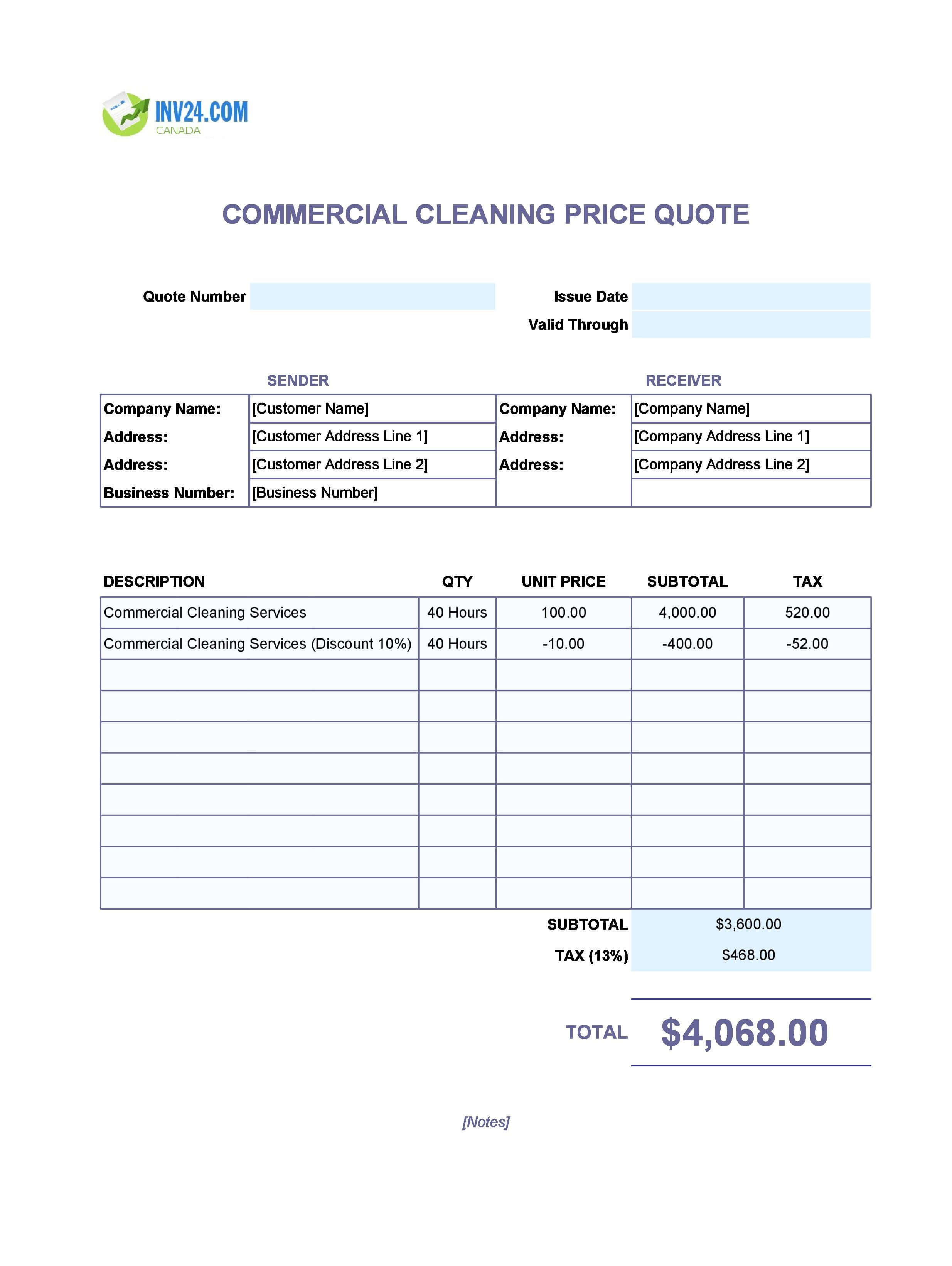 Commercial Cleaning Quote Template for Canada (Excel / Google Sheets)