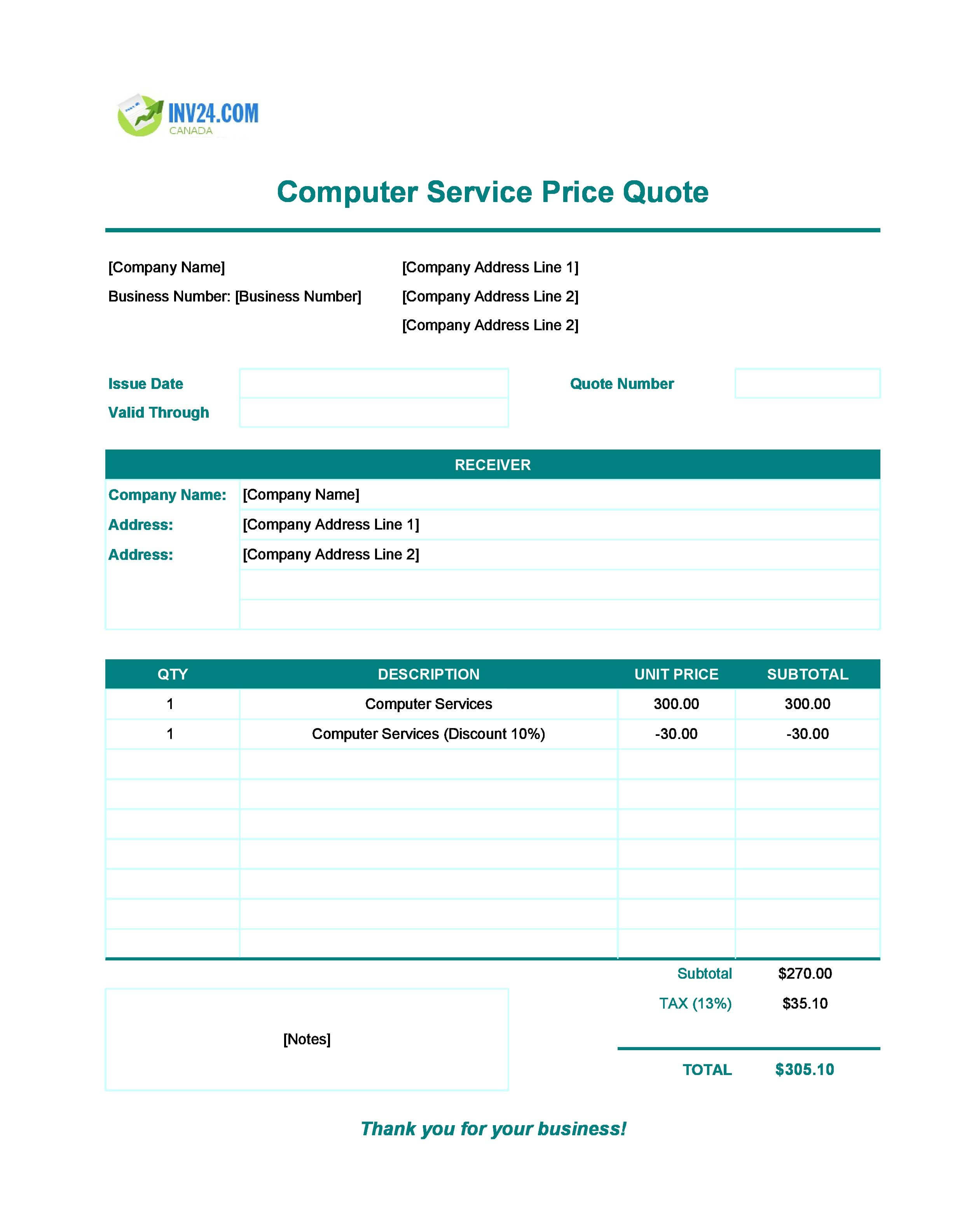 Computer Service Quote Template for Canada (Excel / Google Sheets)