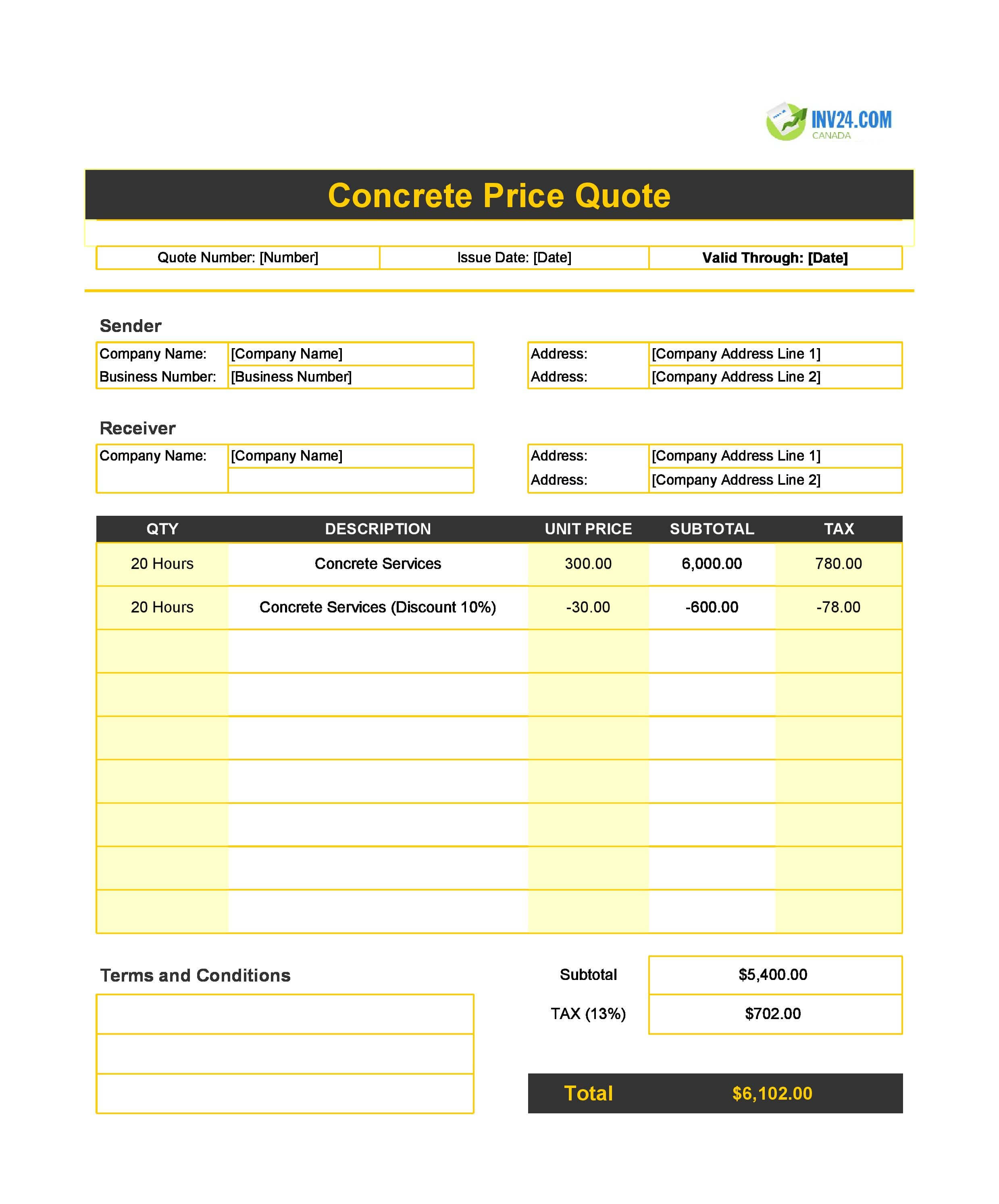 Concrete Quote Template for Canada (Excel / Google Sheets)