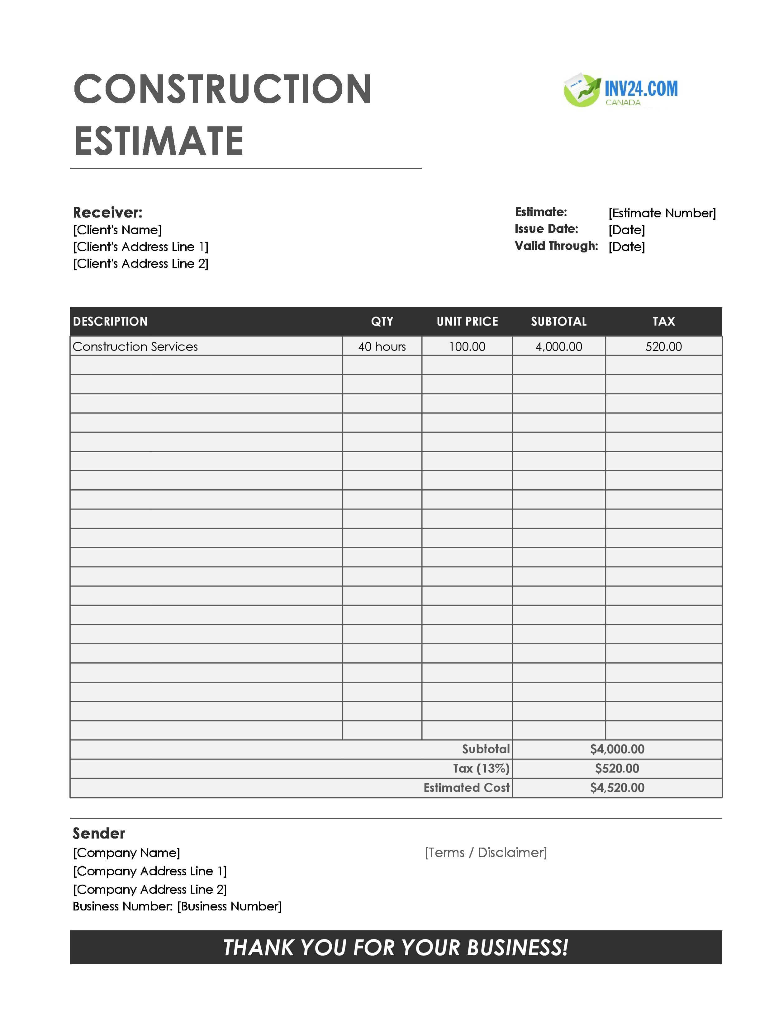 Construction Estimate Template for Canada (Excel / Google Sheets)