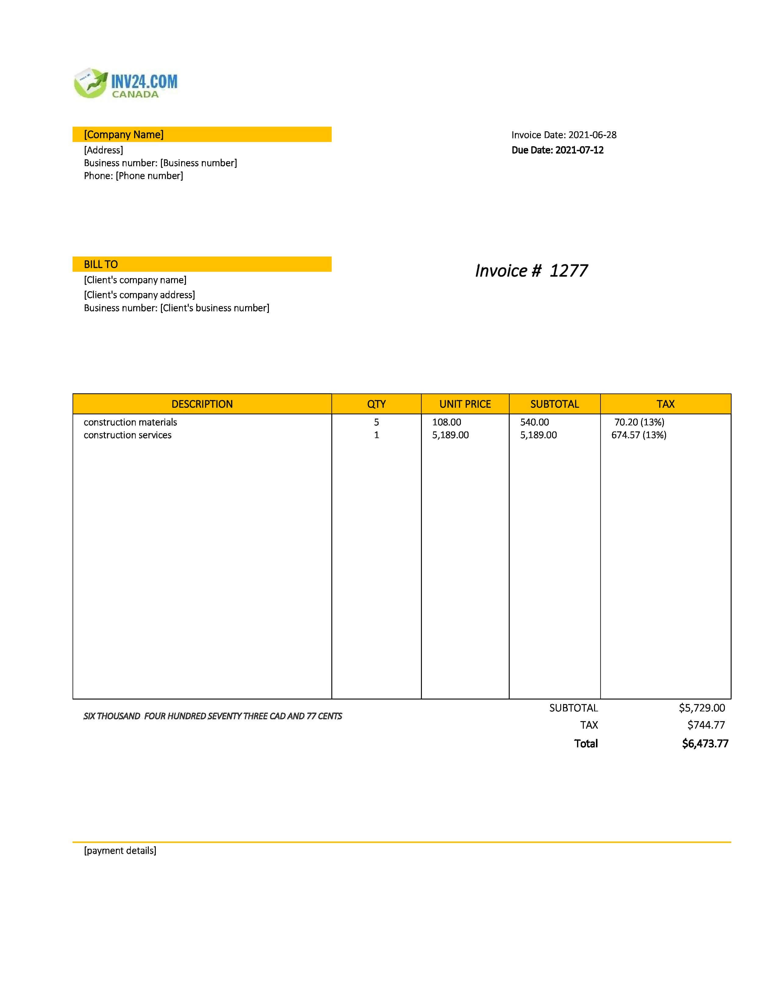 Construction Invoice Template Canada (Excel / Google Sheets)
