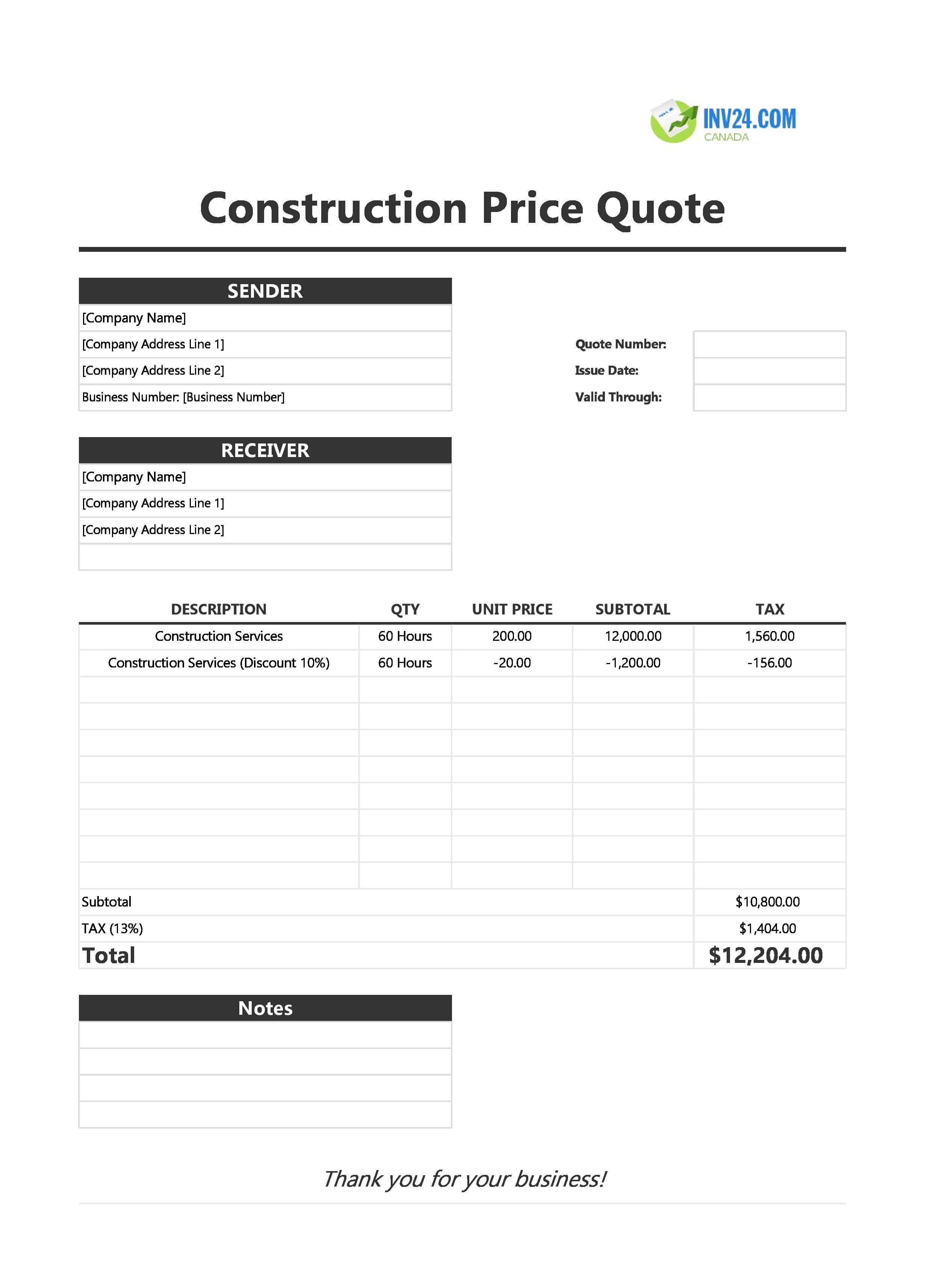 Construction Quotation Template for Canada (Excel / Google Sheets)