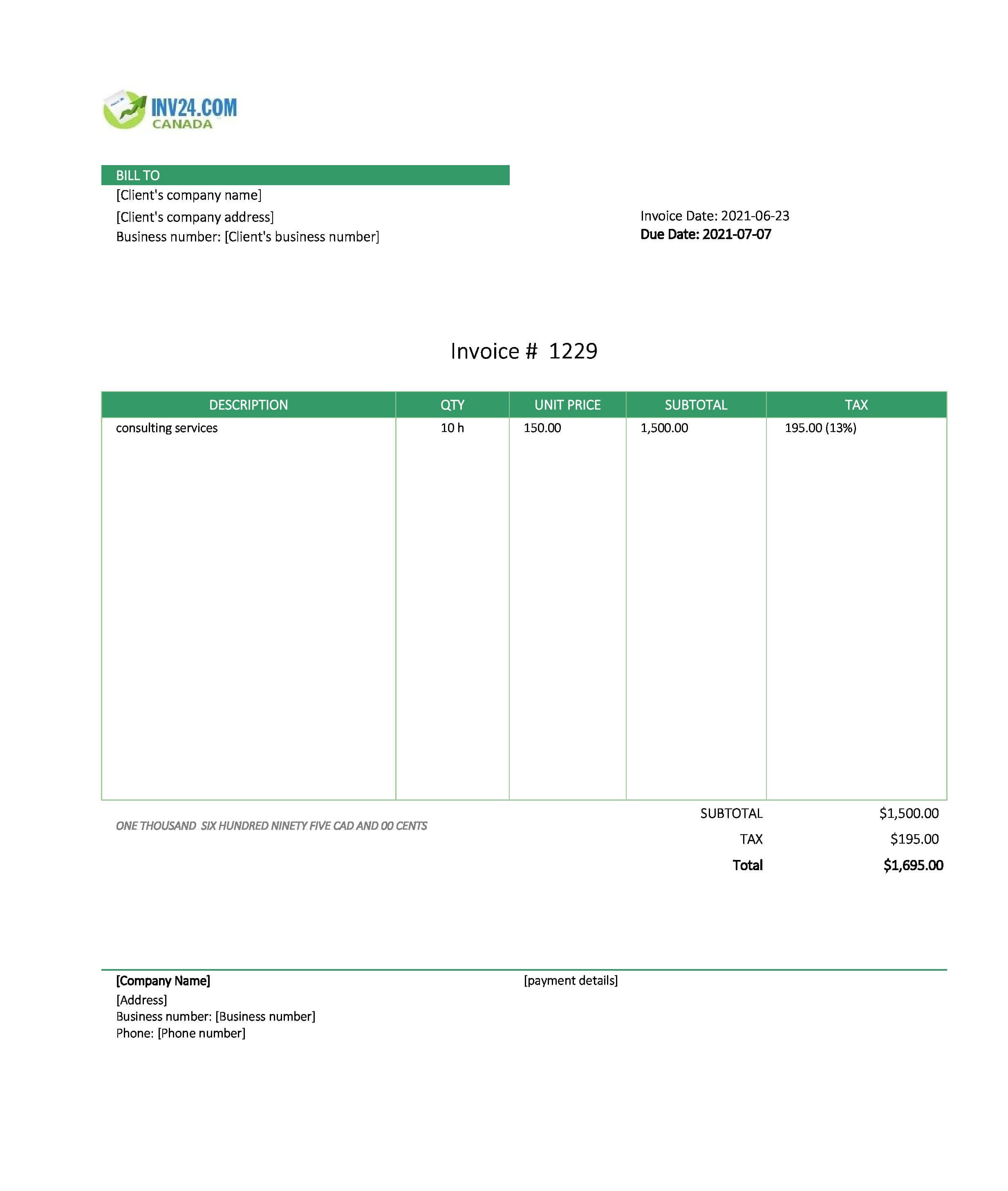 Consulting Invoice Template Canada (Excel / Google Sheets)