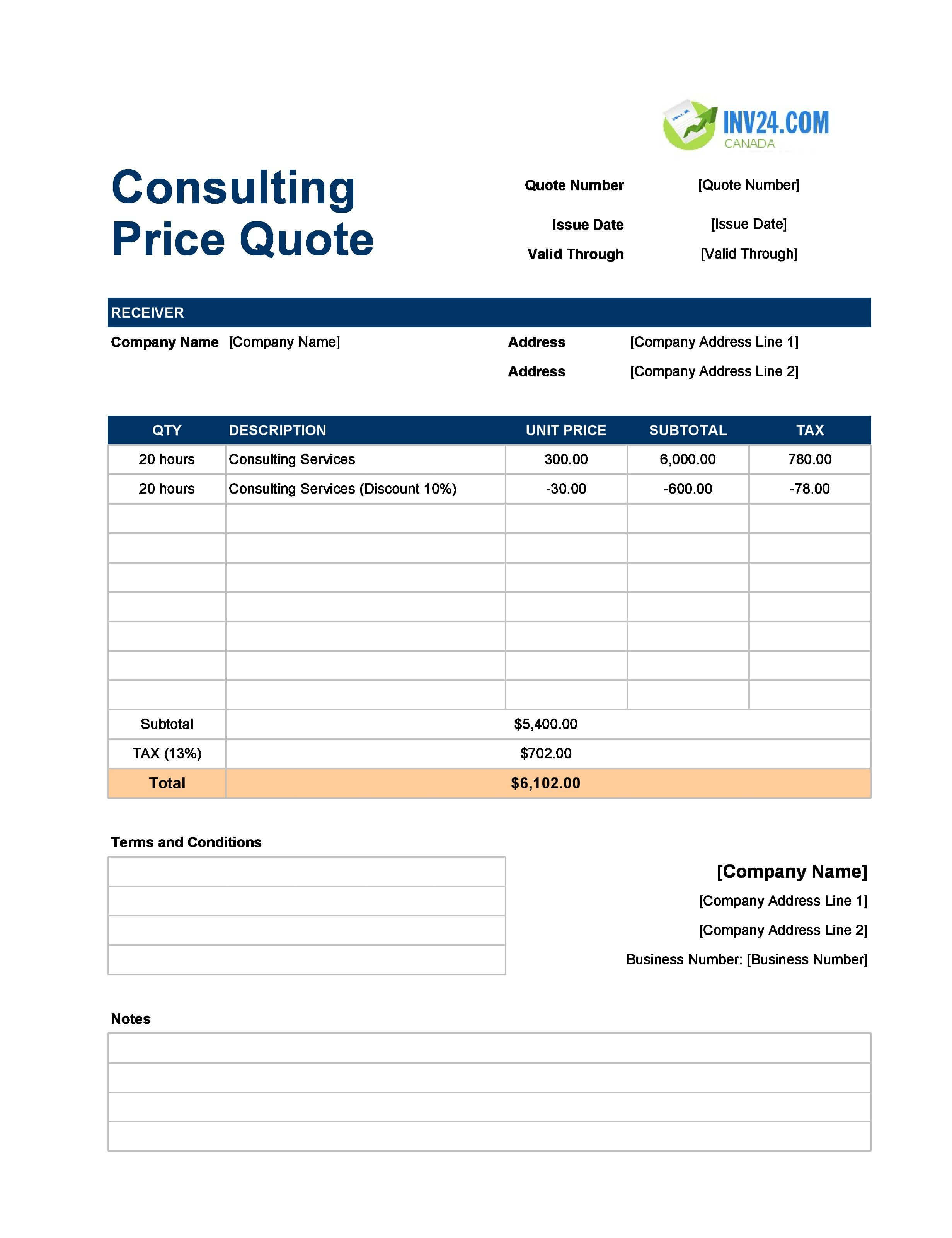Consulting Quote Template for Canada (Excel / Google Sheets)