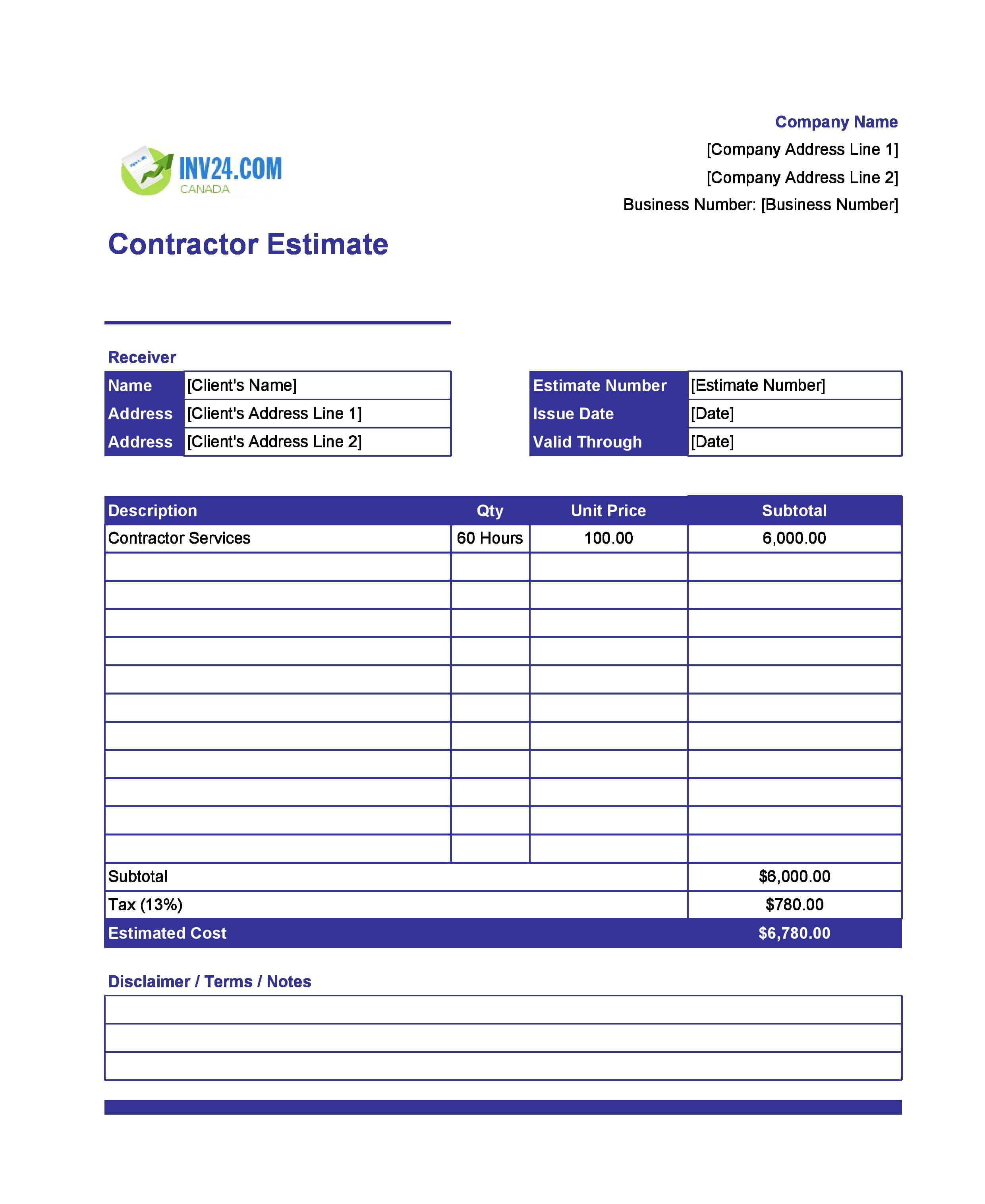 Contractor Estimate Template for Canada (Excel / Google Sheets)