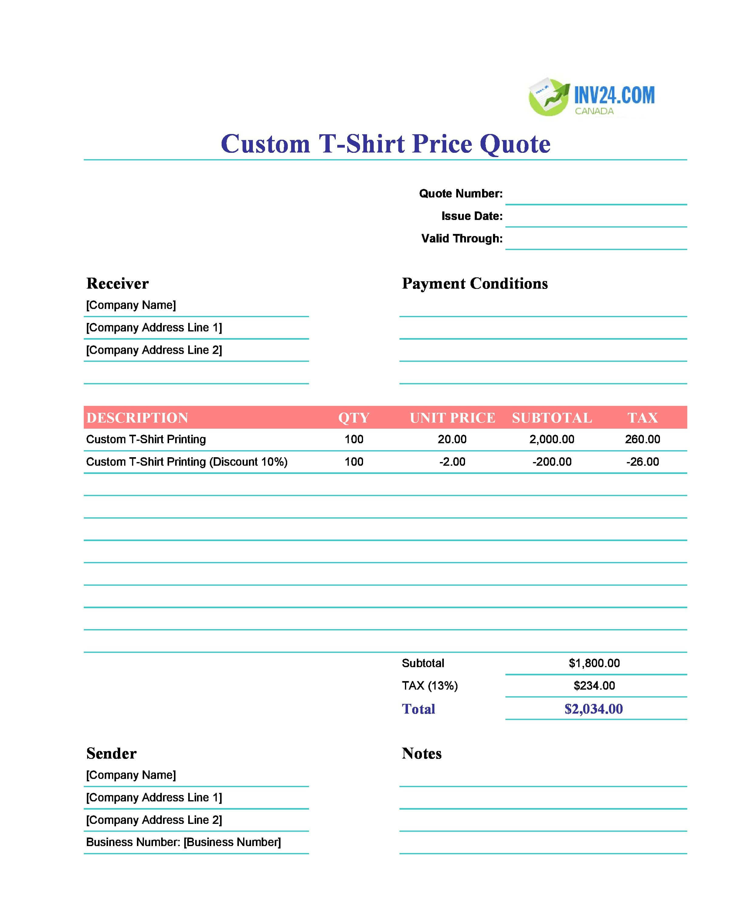 Custom T-Shirt Quote Template for Canada (Excel / Google Sheets)