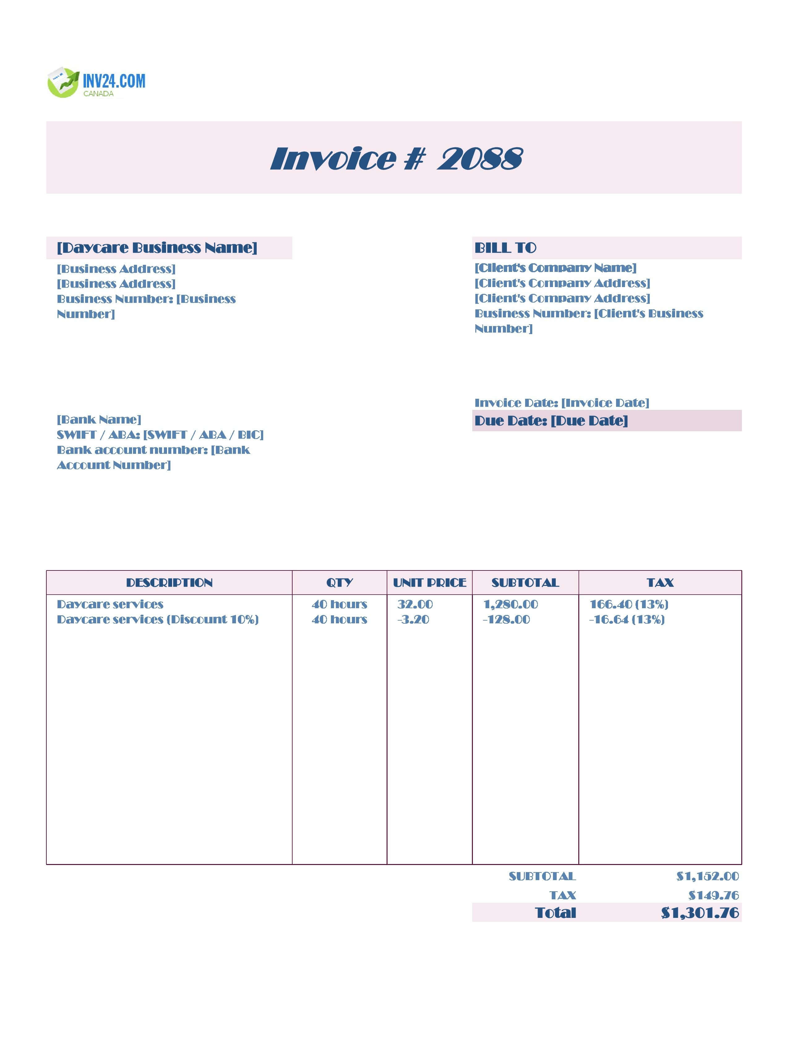 Daycare Invoice Template for Canada (Excel / Google Sheets)