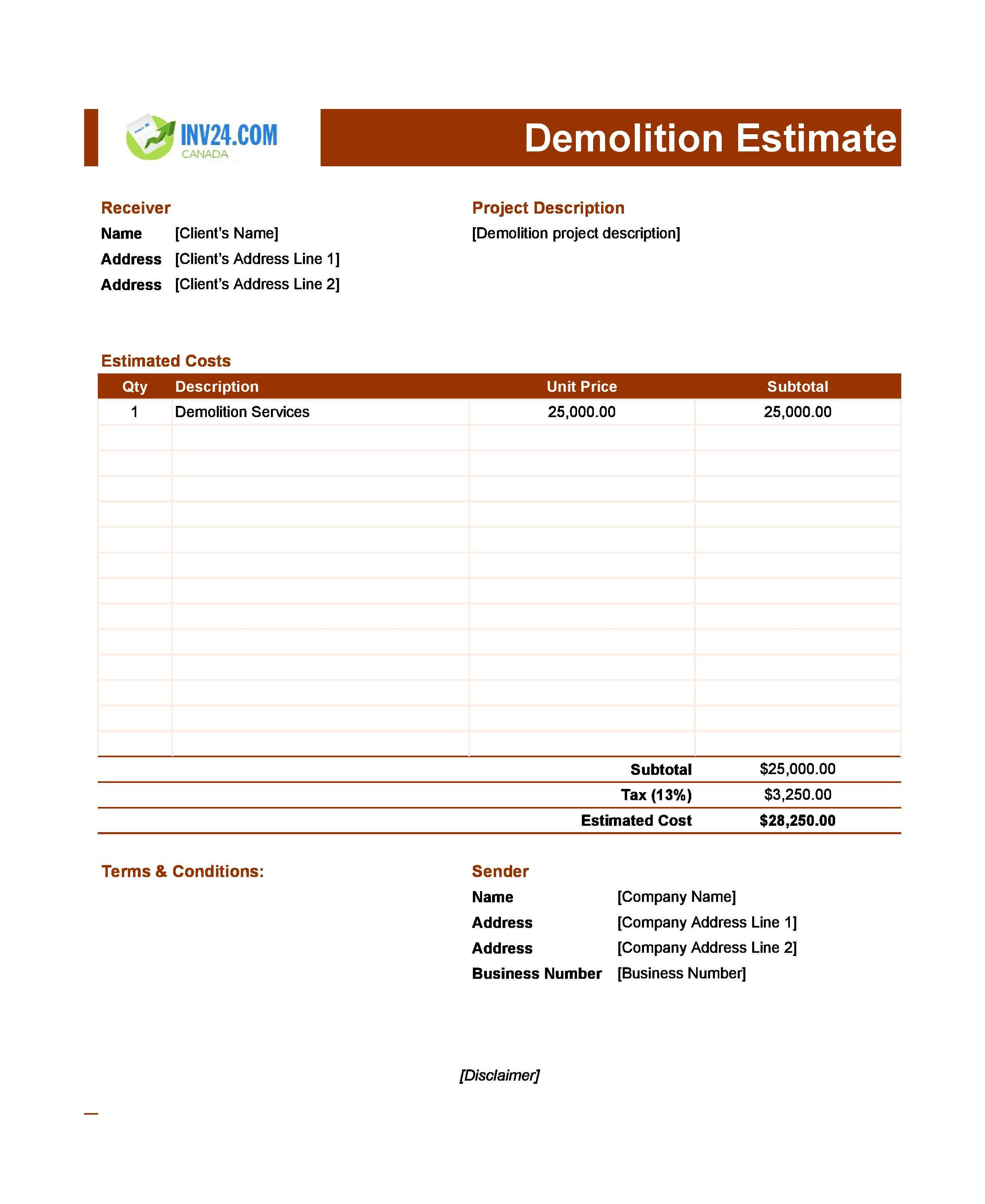 Demolition Estimate Template for Canada (Excel / Google Sheets)