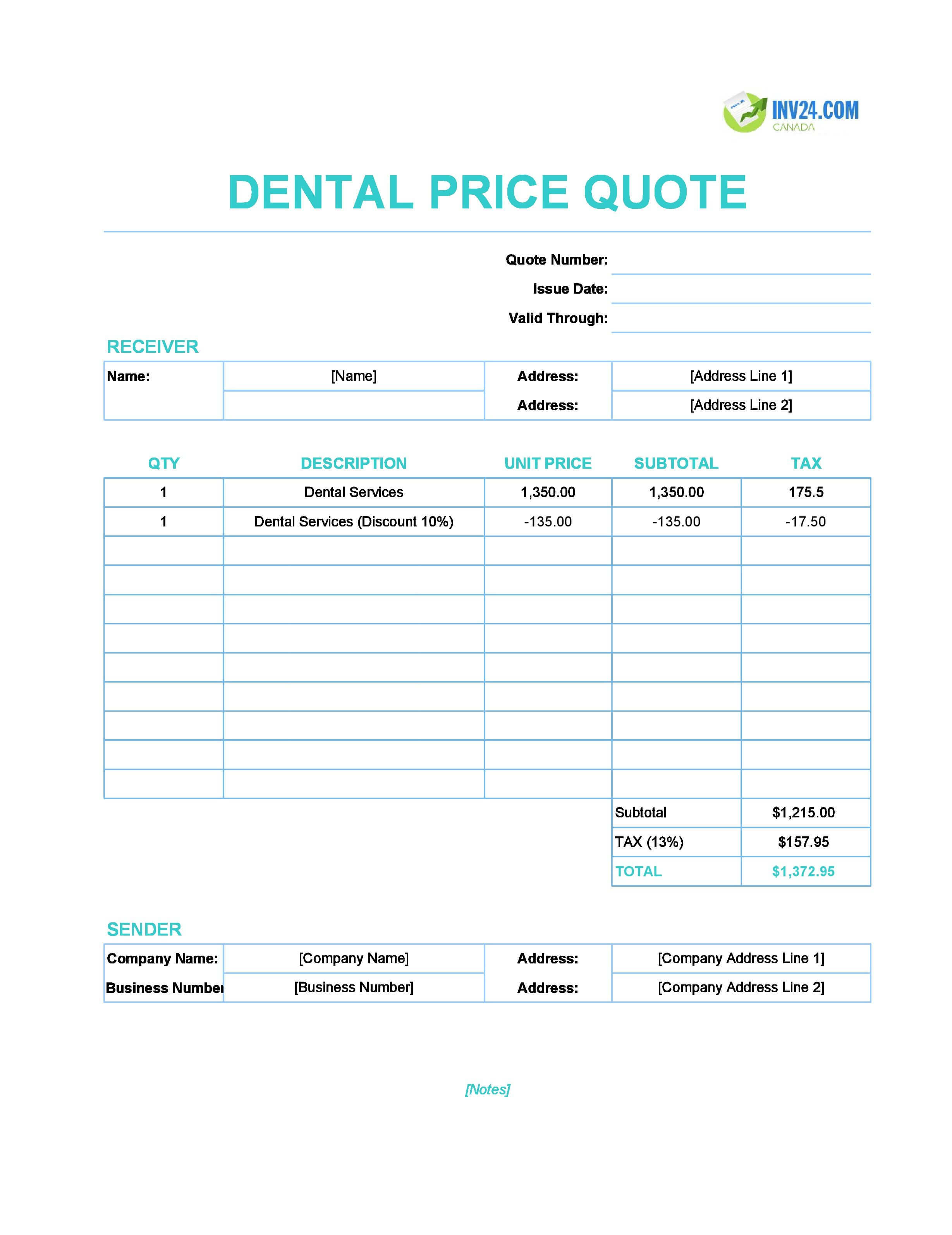 Dental Quote Template for Canada (Excel / Google Sheets)
