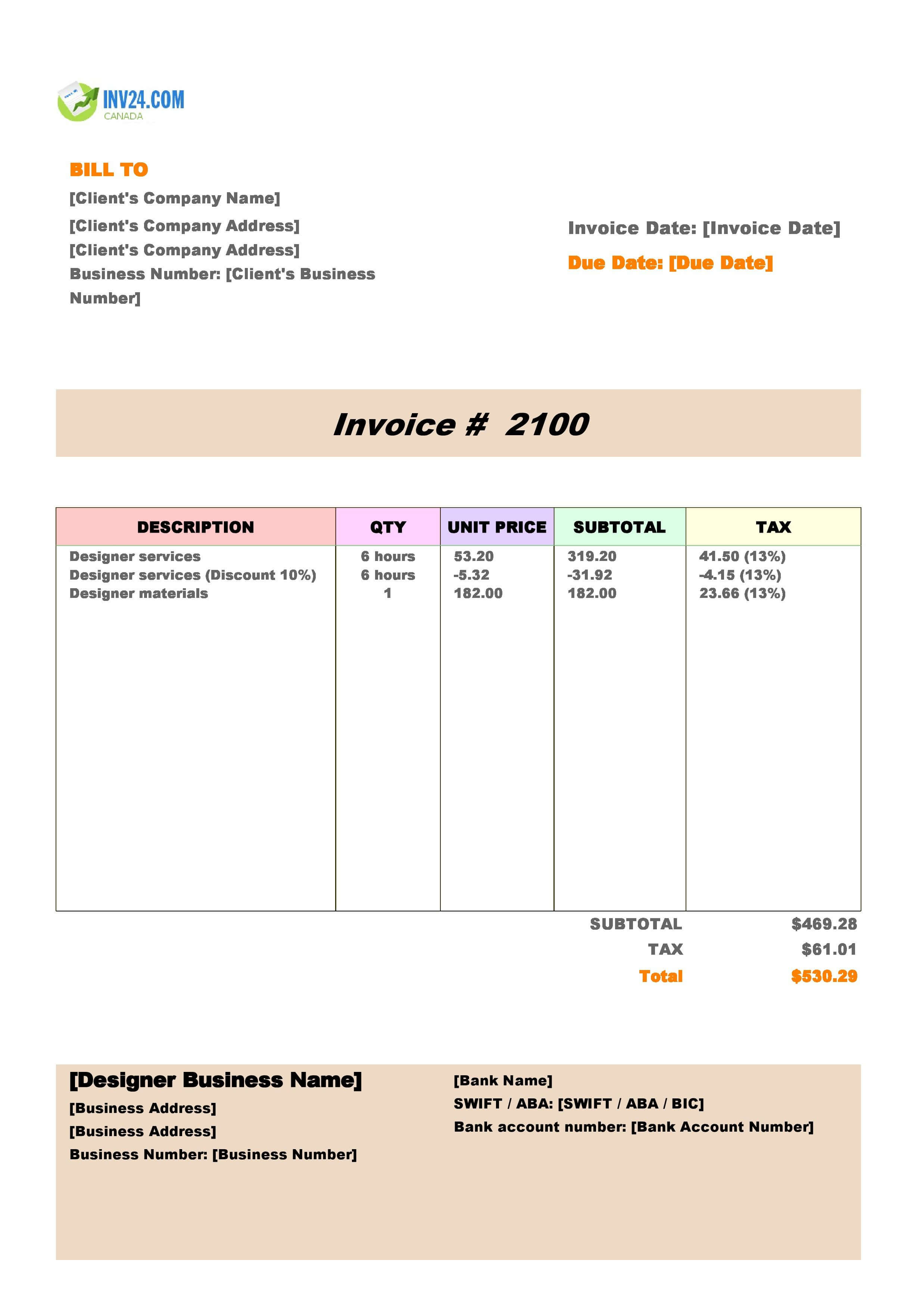 Designer Invoice Template for Canada (Excel / Google Sheets)