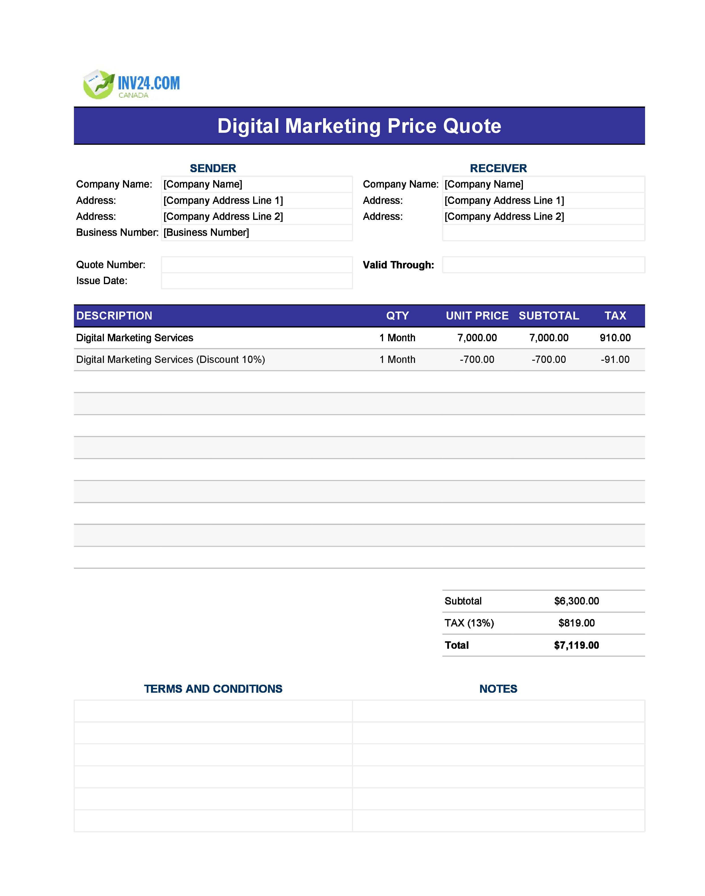 Digital Marketing Quote Template for Canada (Excel / Google Sheets)