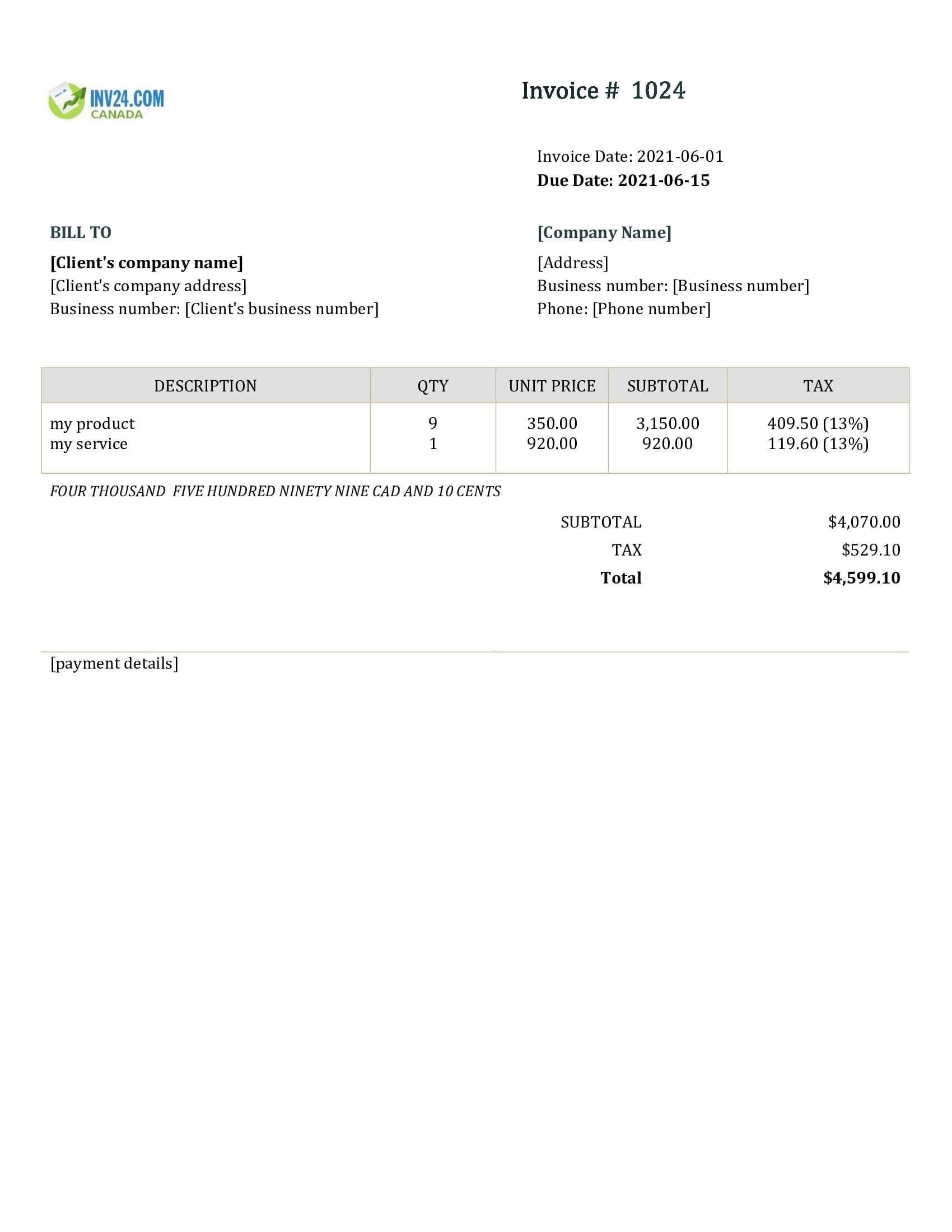 Word invoice example Canada