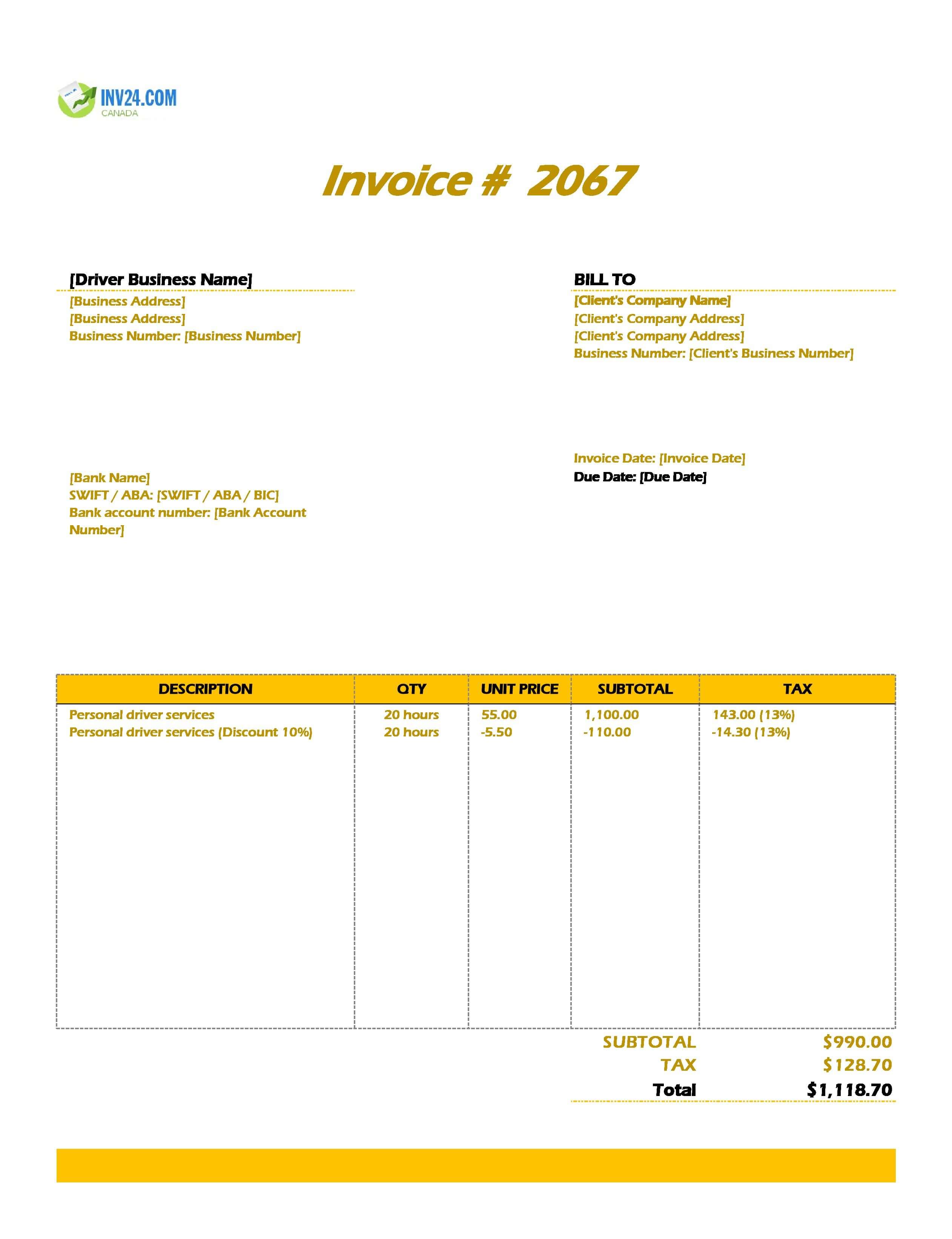 Driver Invoice Template for Canada (Excel / Google Sheets)