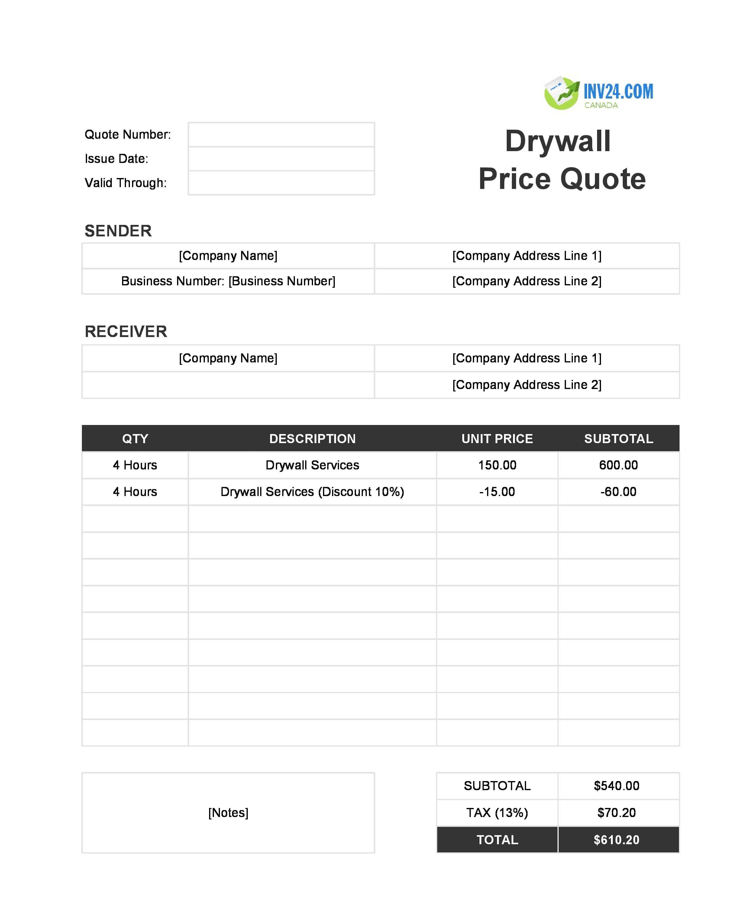 Drywall Quote Template for Canada (Excel / Google Sheets)