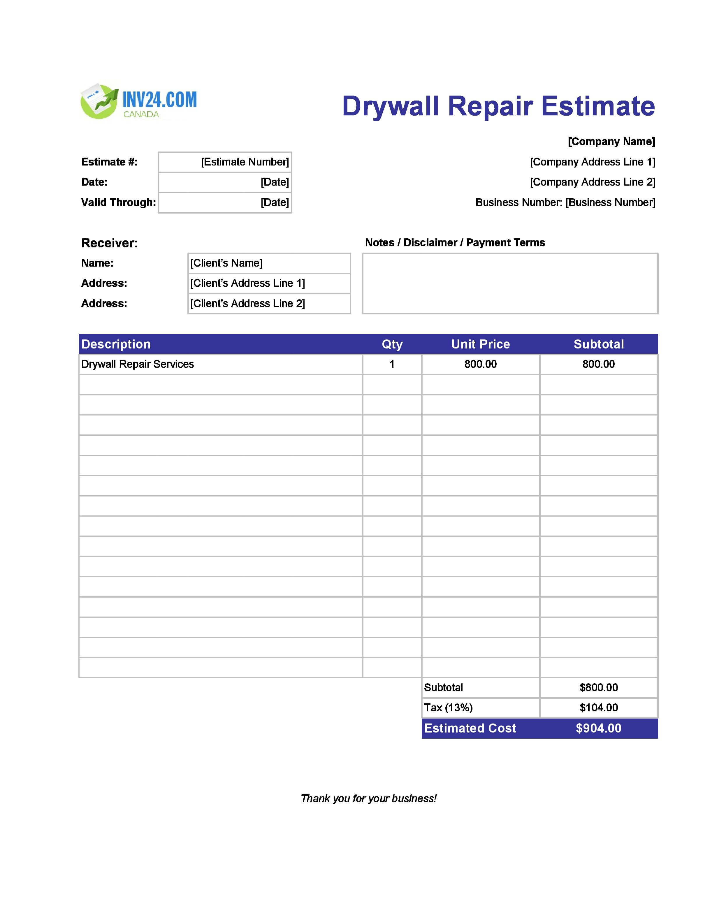 Drywall Repair Estimate Template for Canada (Excel / Google Sheets)