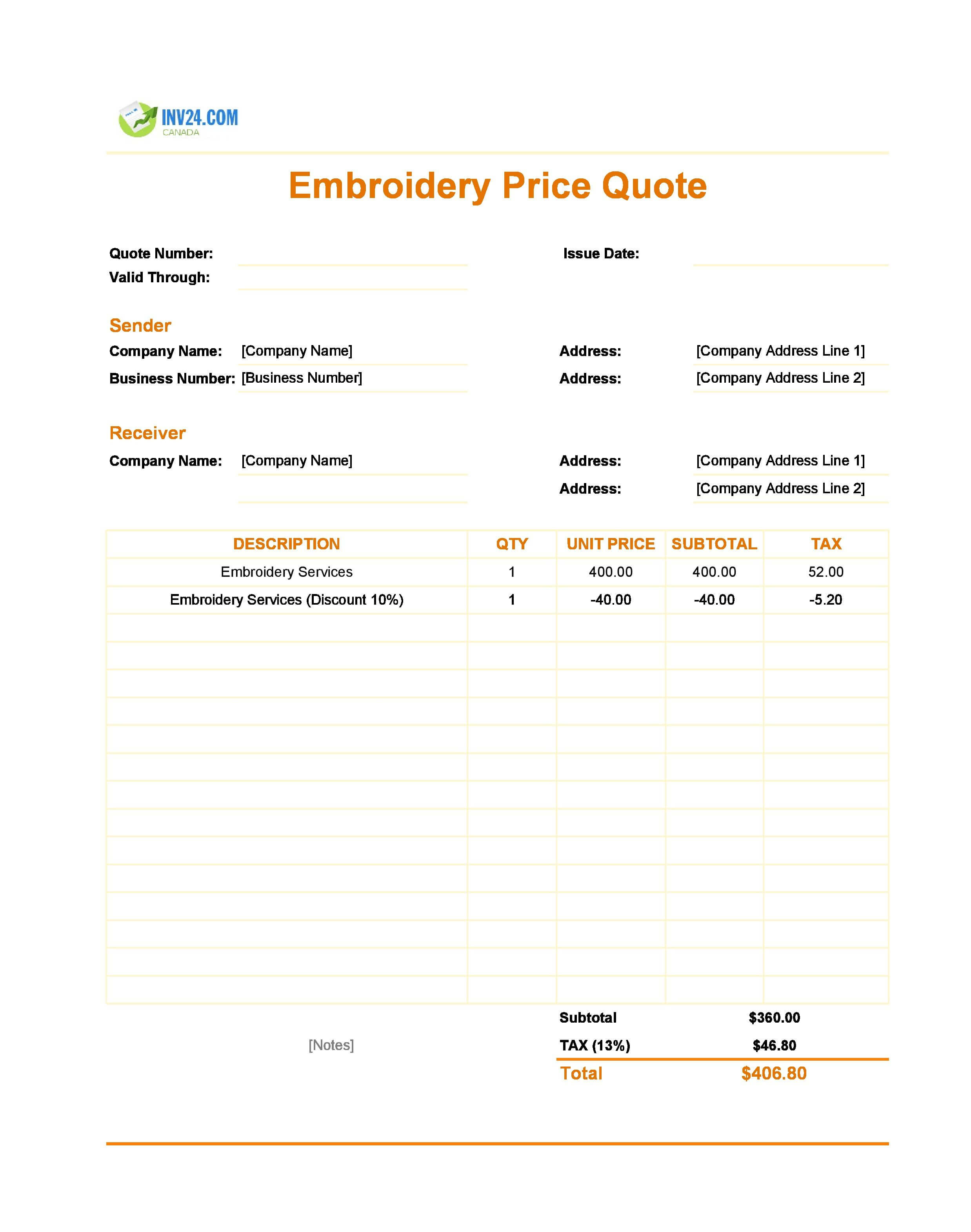 Embroidery Quote Template for Canada (Excel / Google Sheets)