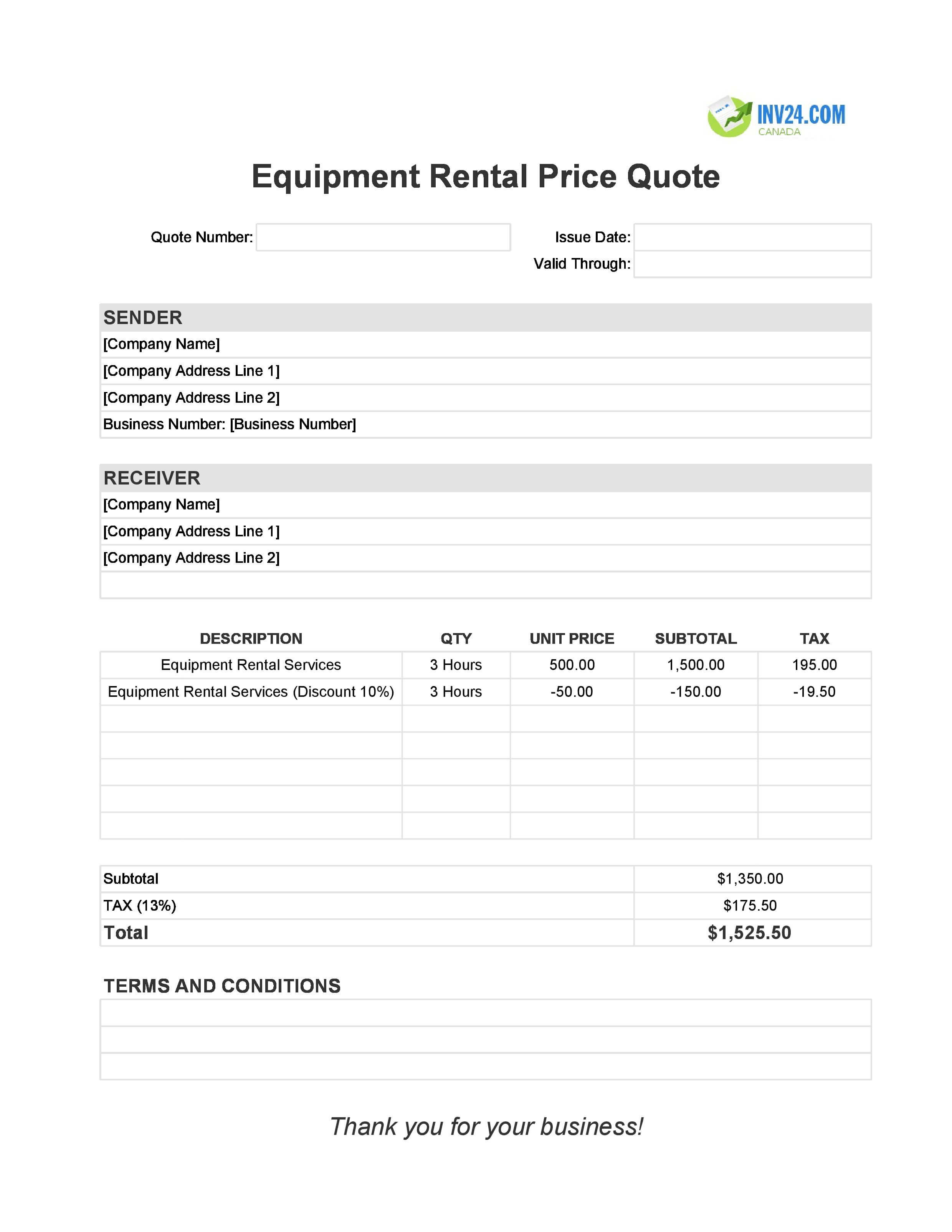 Equipment Rental Quote Template for Canada (Excel / Google Sheets)