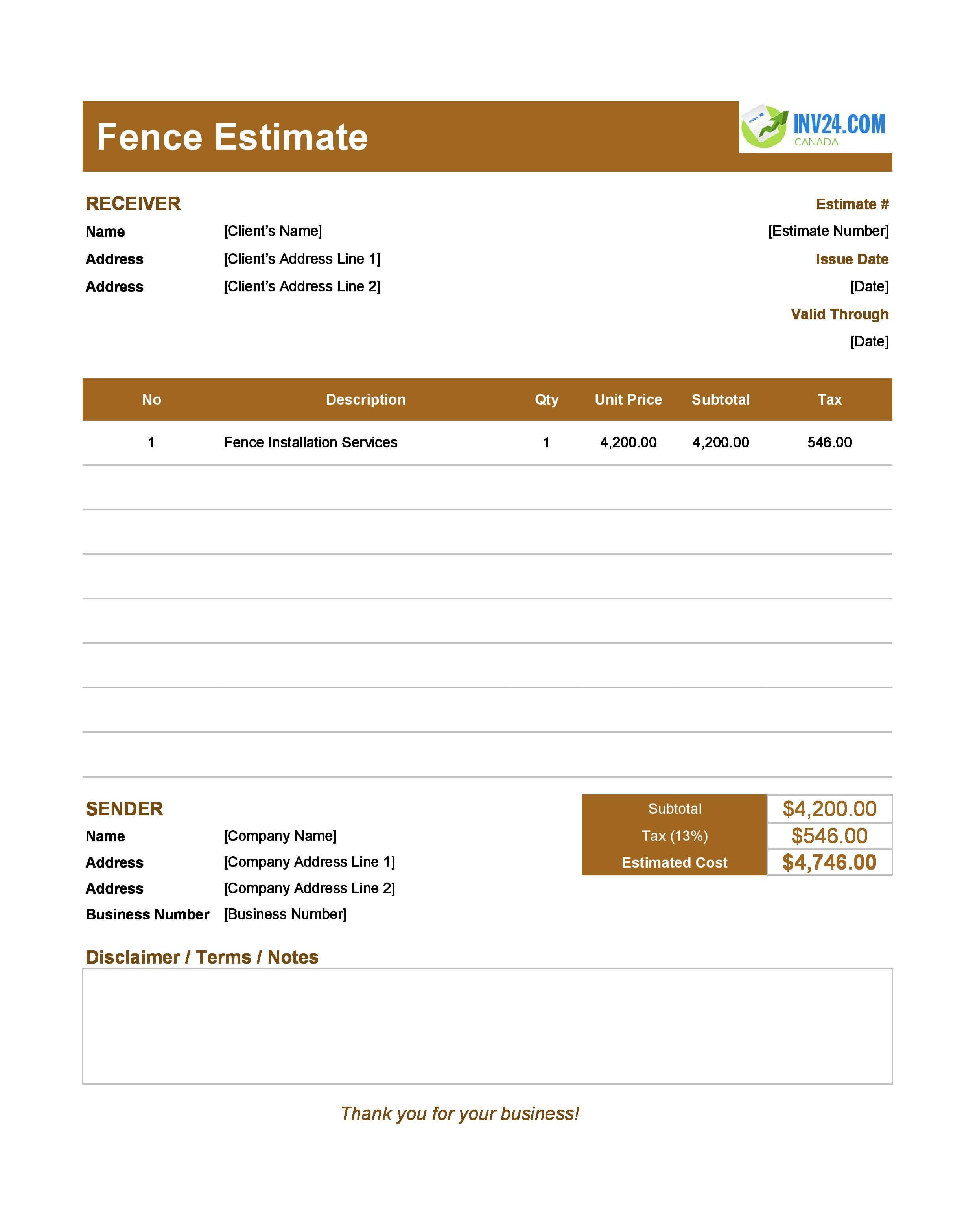 Fence Estimate Template for Canada (Excel / Google Sheets)