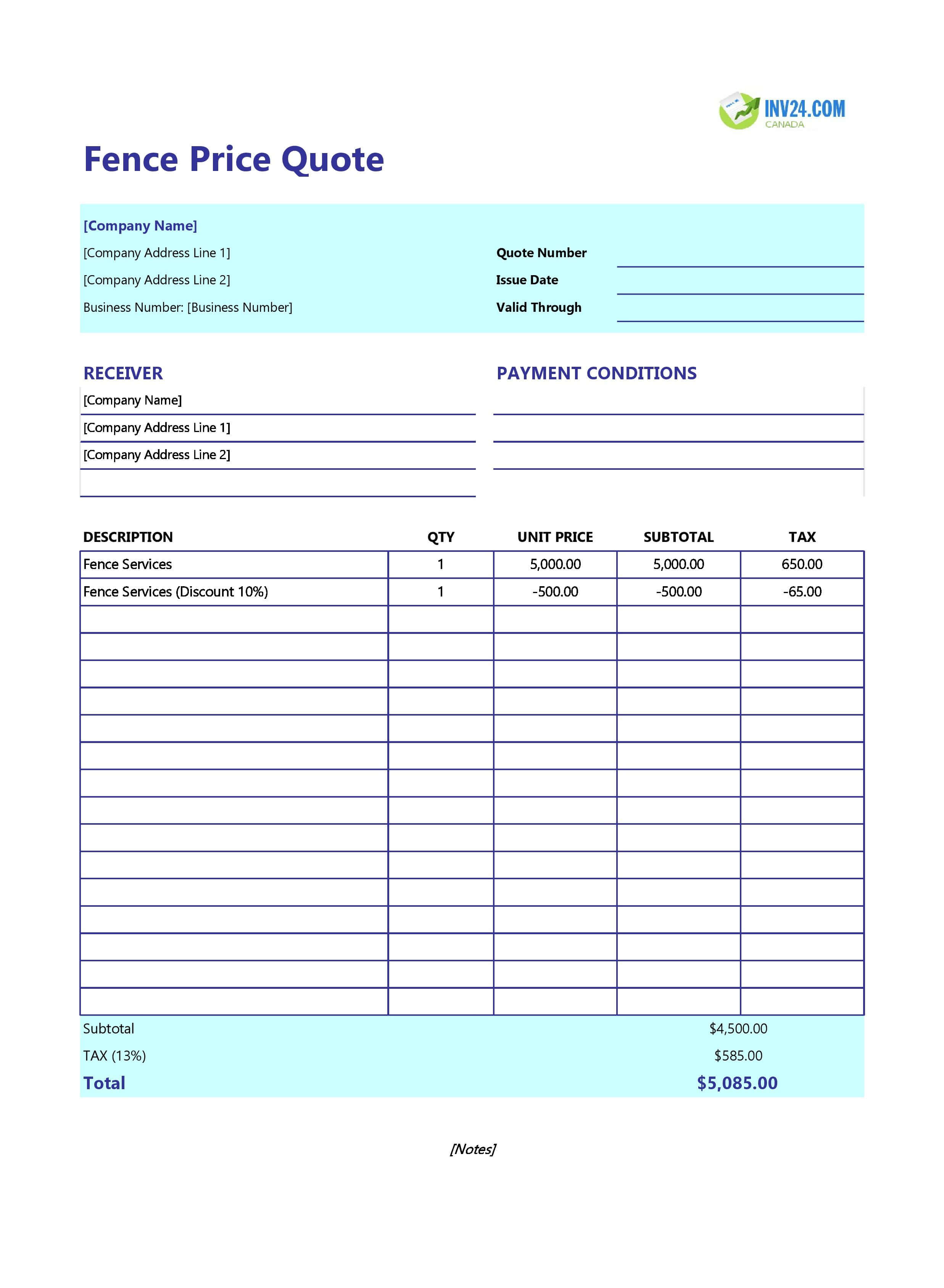 Fence Quote Template for Canada (Excel / Google Sheets)