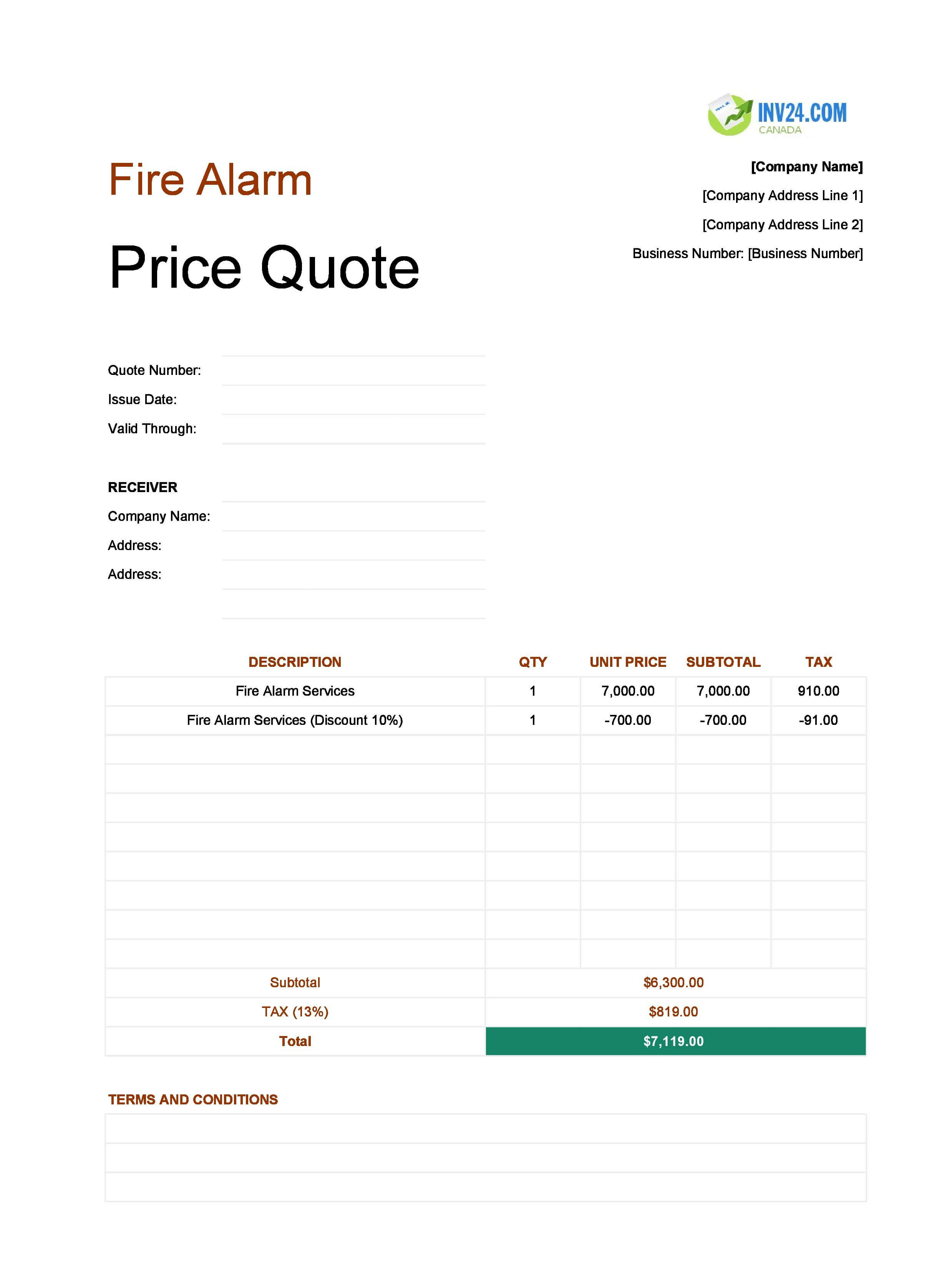 Fire Alarm Quote Template for Canada (Excel / Google Sheets)