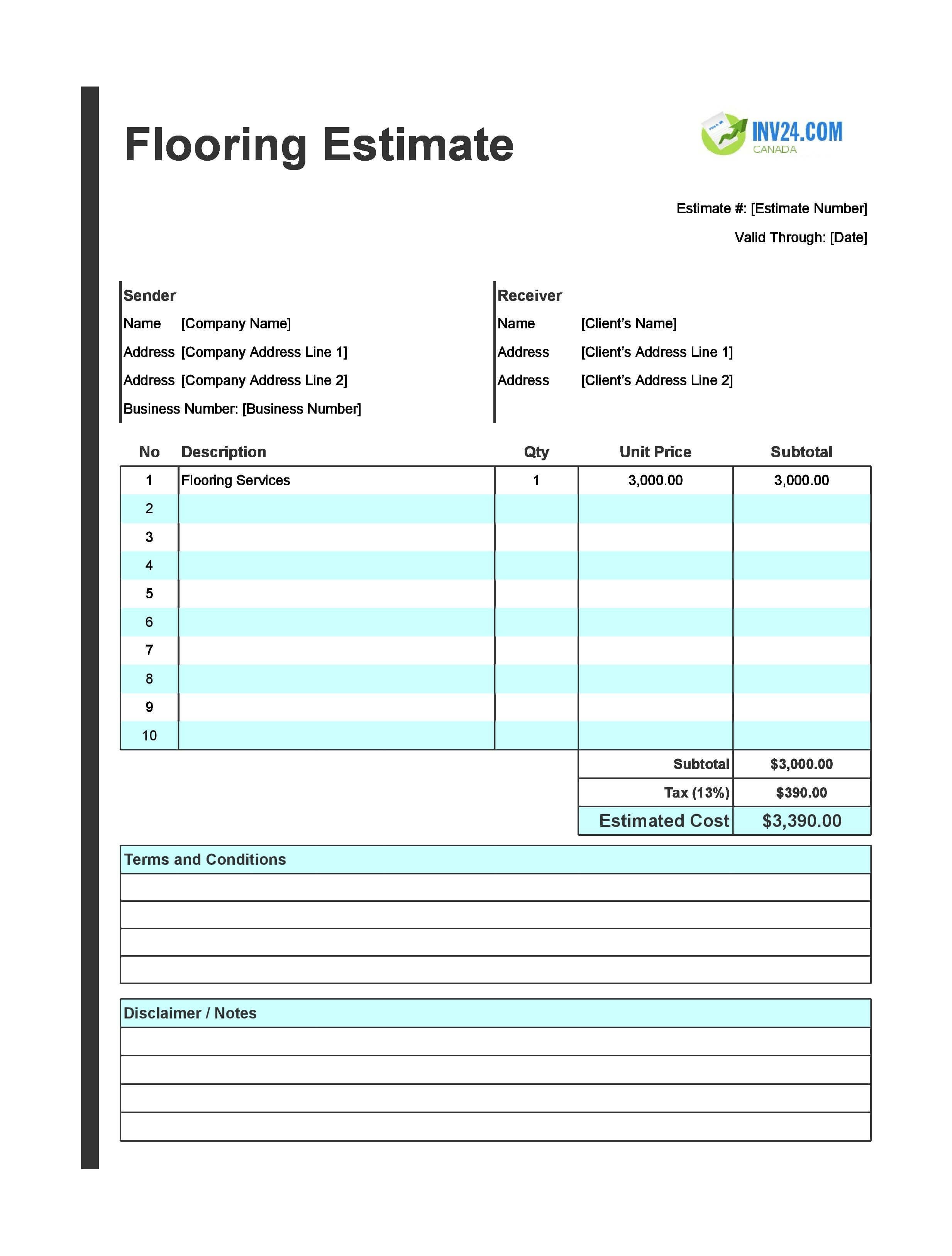 Flooring Estimate Template for Canada (Excel / Google Sheets)